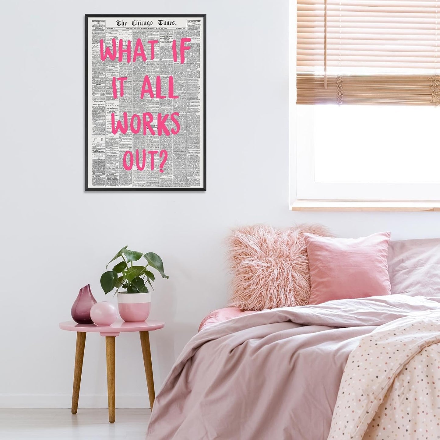 Liyark Retro Trendy Newspaper Canvas Wall Art - 'What If All Works Out' Poster - Positive Affirmation Quote - Pink Font - Minimalist Home Decor - Framed 16x24in