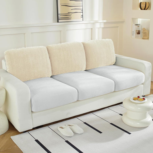 Large Backrest Cushion Covers Super Stretch Backrest Covers for 3 Cushion Couch Sofa, Couch Back Cushion Covers Featuring with Chenille Yarn (Softer Version, 3PC, Beige)