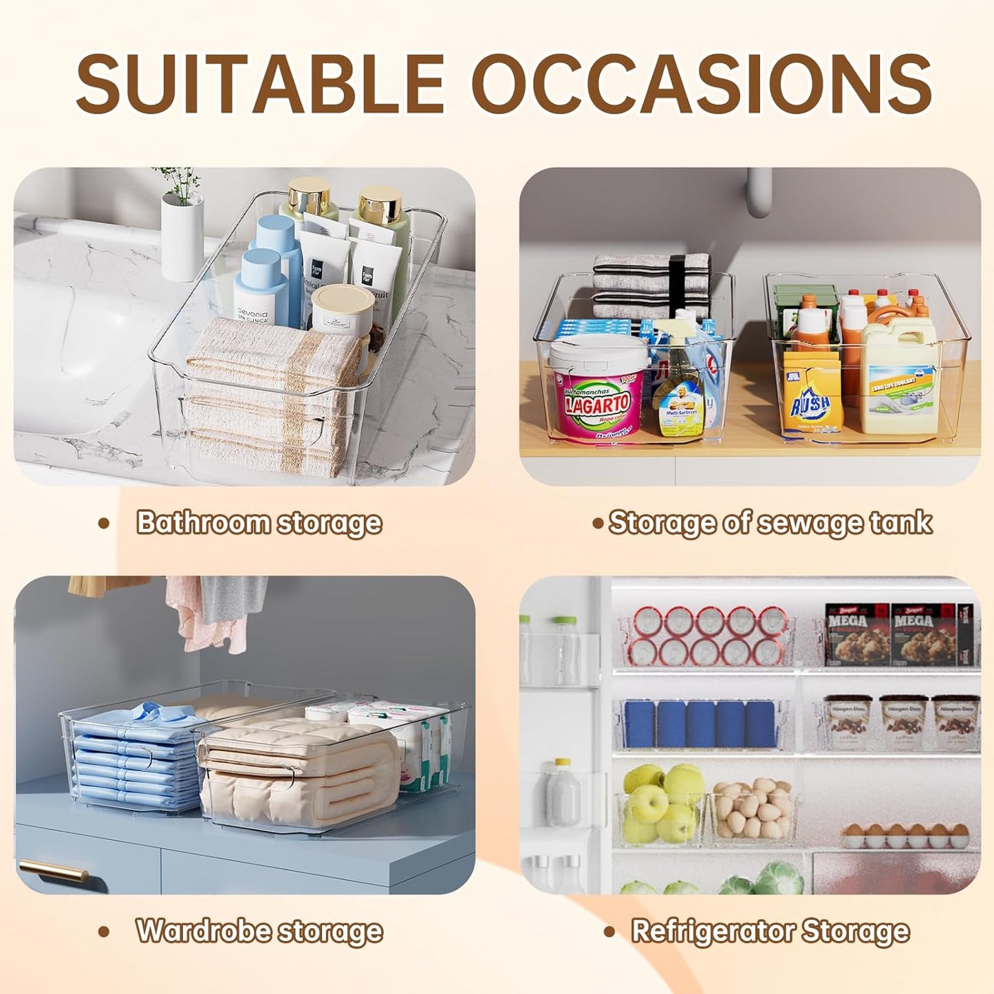 Clear Fridge Organizer, Refrigerator Organizer Bins with Handle, Freezer, Kitchen Cabinet, Pantry Organization, BPA Free Fridge Organizers (12.4 inch 8 Pack)