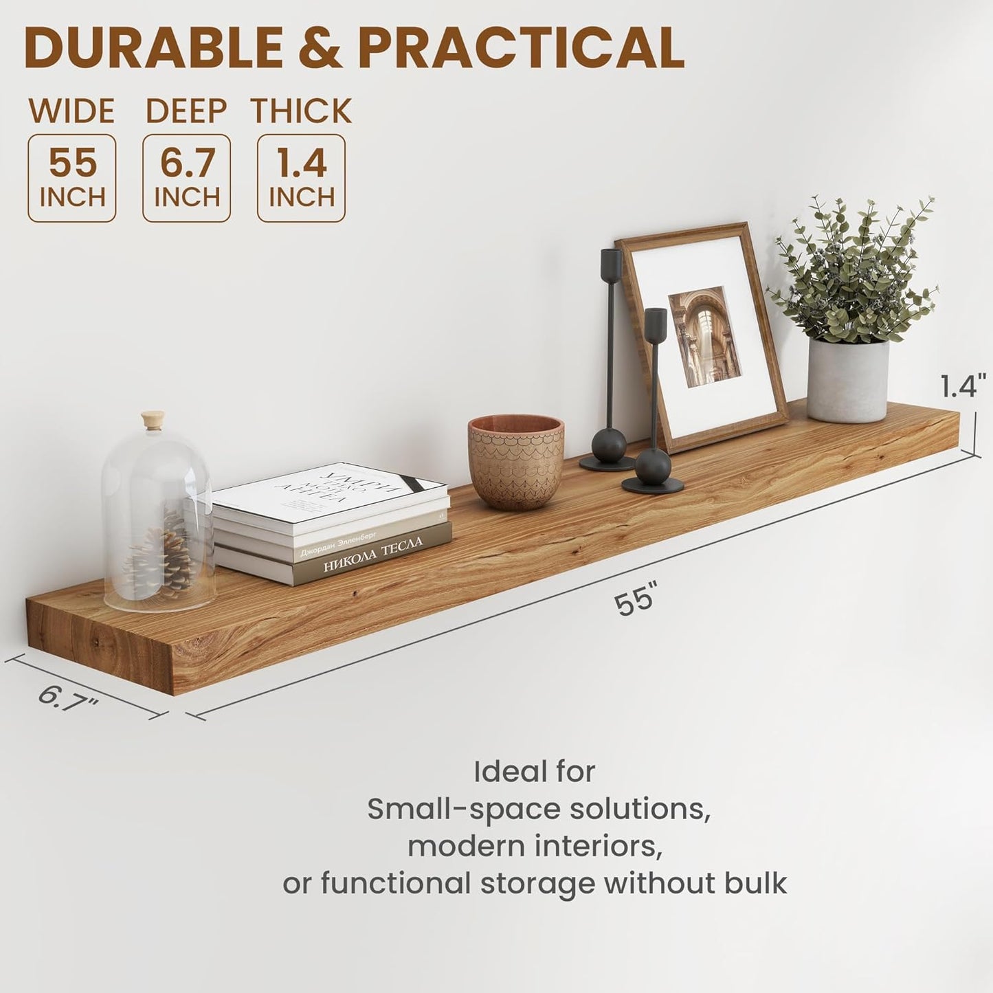 55" Floating Shelves for Wall, Rustic Elm Wood Floating Shelf for Home Decor, Wall-Mounted Display Shelves with Heavy-Duty Bracket, Long Floating Shelf for Bathroom, Kitchen, Natural Color