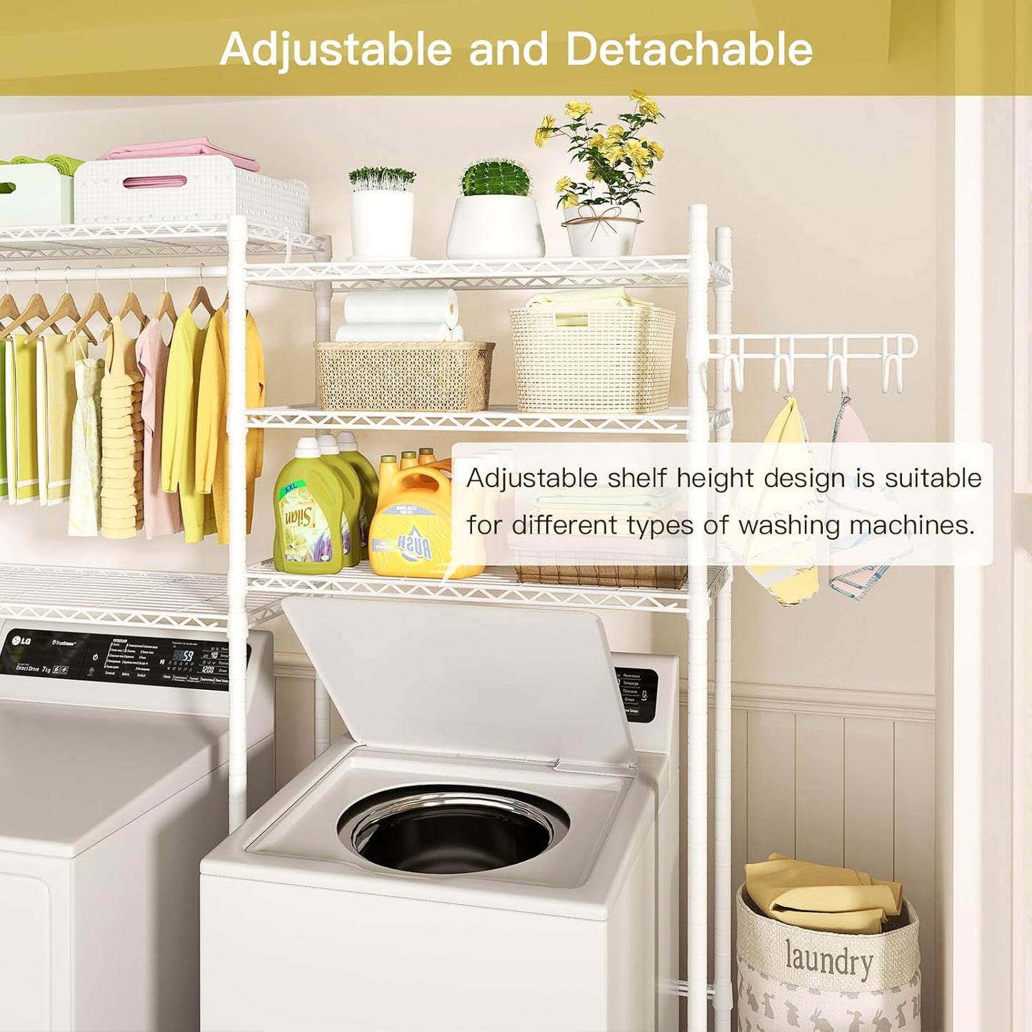 Ulif U5 Over the Washer and Dryer Storage Shelf, Laundry Room Space Saver Bathroom Storage and Organizer Rack for Hanging Towels and Drying Clothes with 5 Wire Shelves, 58.2"W x 13.4"D x 77.5"H, White