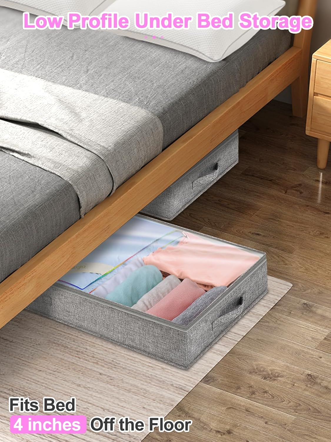 punemi Under Bed Storage Containers, Below 4 Inches Tall Low Profile Underbed Storage, NO STRUCTURE, Soft Foldable Underbed Cloth Storage Bags, Zipper Blanket Storage Container, 2Pack, 20x40x3.7in