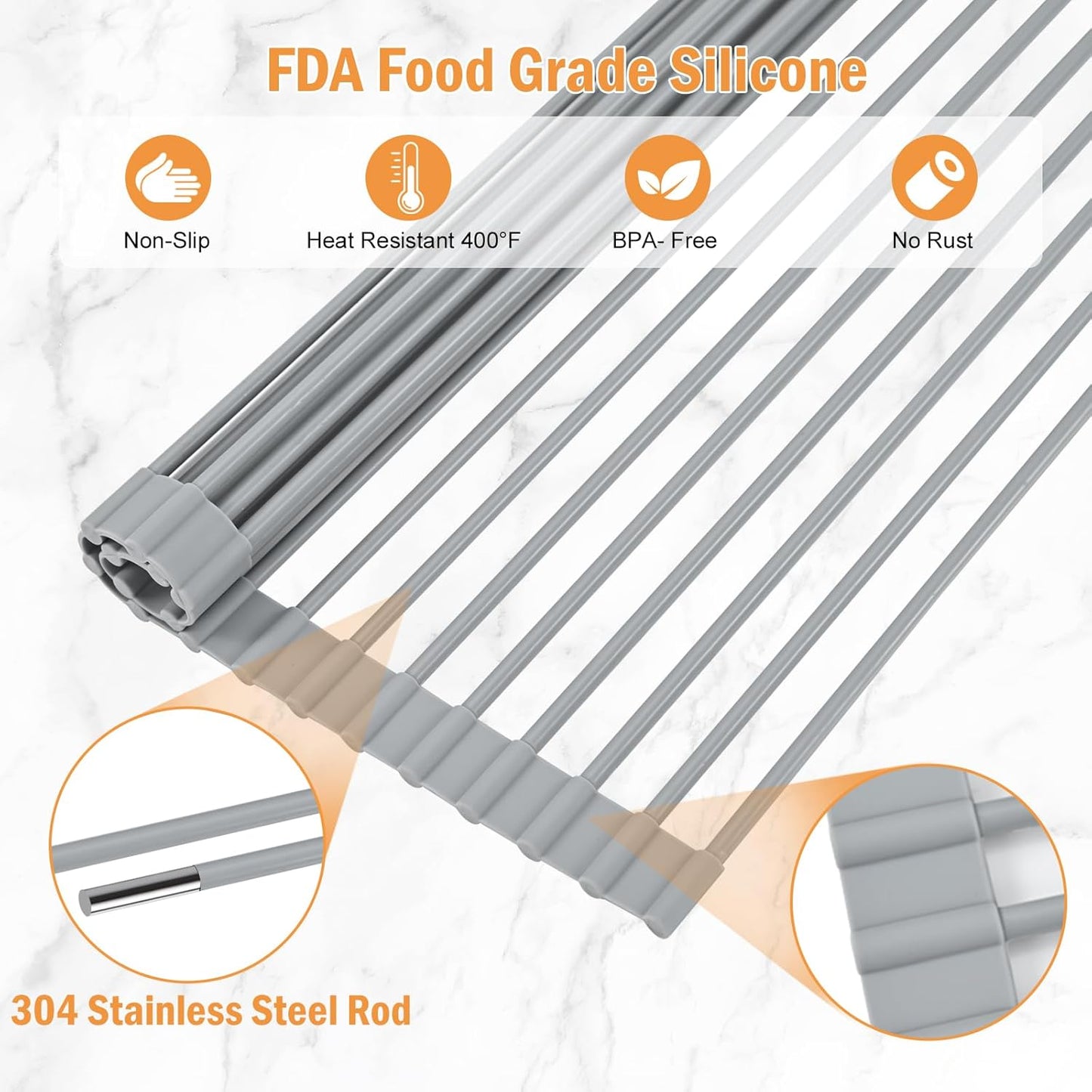 LEMIKKLE Roll Up Dish Drying Rack 17" x 13", Over The Sink Dish Drainer Rack, Foldable Sink Drying Rack, Anti-Slip Silicone Wrapped Dish Drainer for Kitchen Counter (Grey 17" x 13")