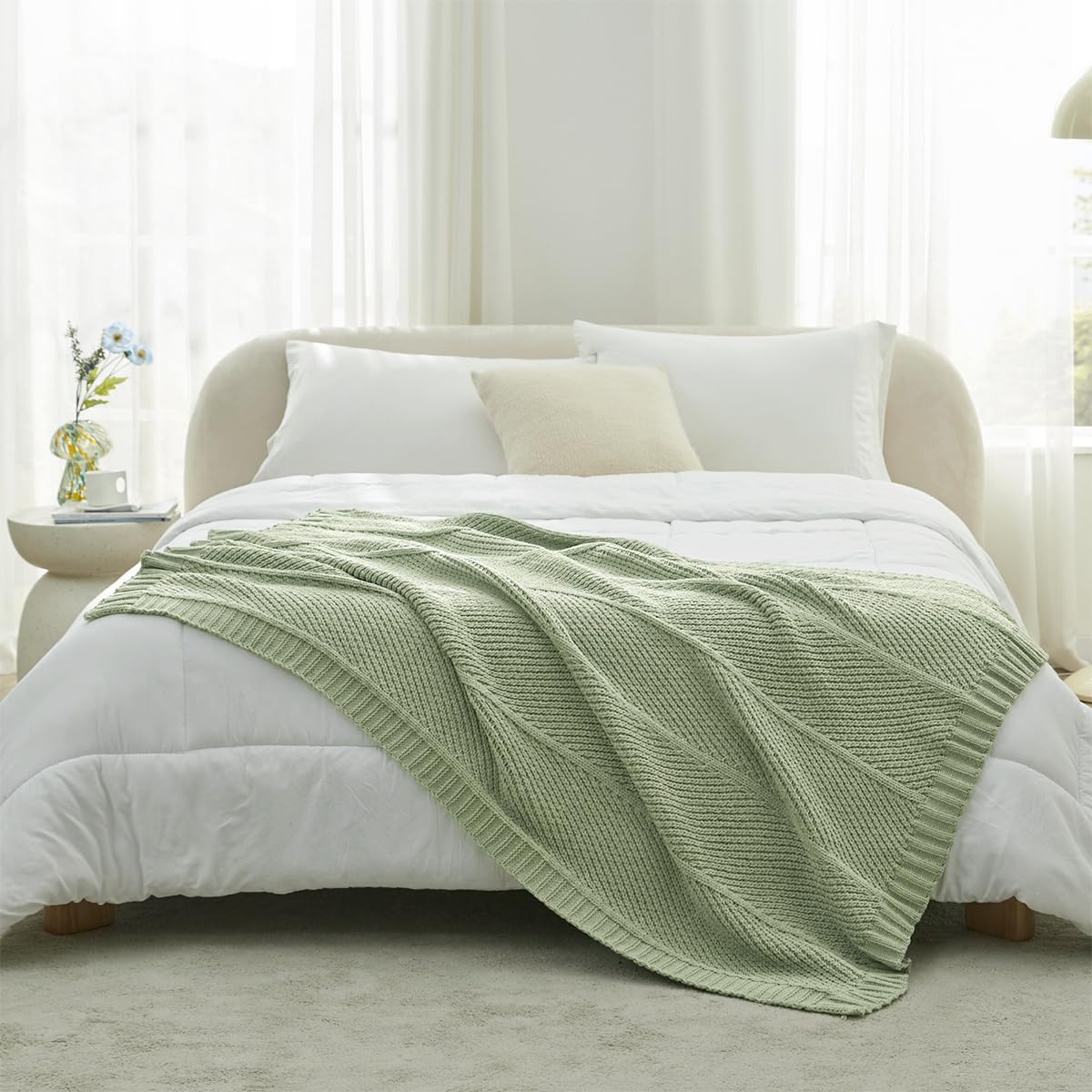 Amélie Home Chenille Knit Throw Blanket for Couch, Chevron Texture Decorative Soft Blanket for Sofa, Bed & Chair, 50"x60", Sage Green