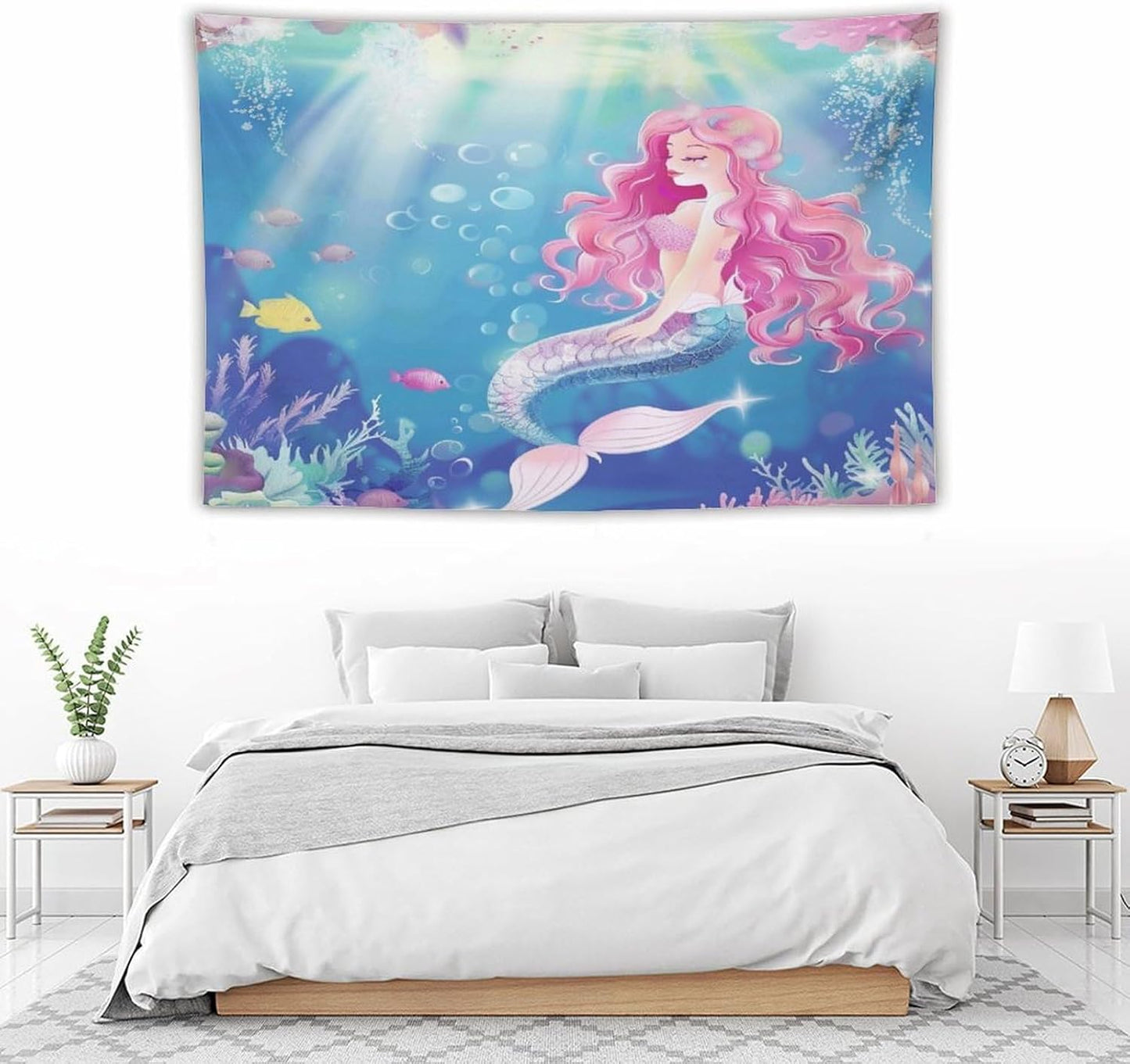 HZOHNAGO Mermaid Girls Tapestry Watercolor Mermaid Princess Pink Hair Pattern for Kids Room Decoration Printed Wall Tapestry Wall Hanging for Bedroom Living Room Dorm 60" W x 40" H