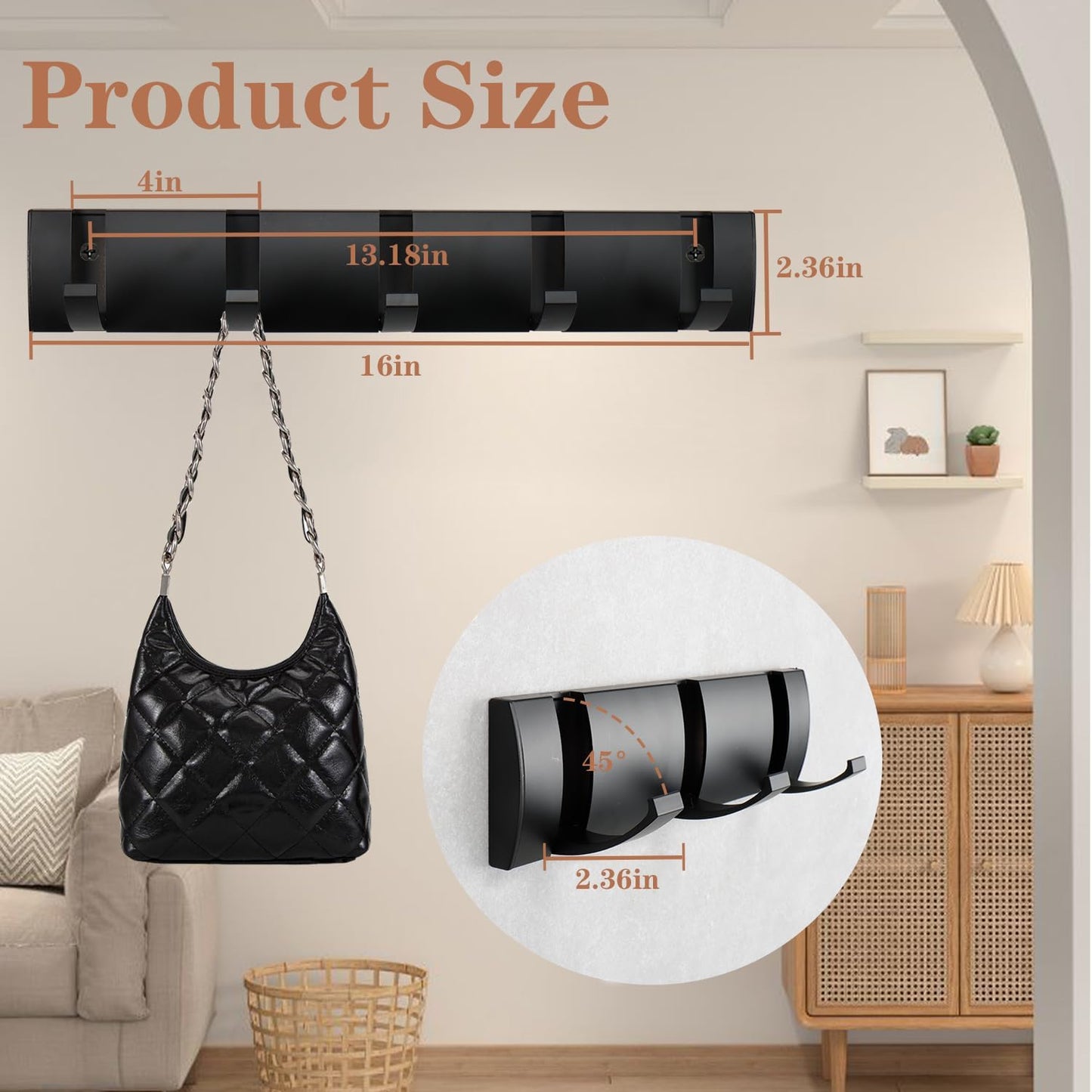 Folding Coat Hooks, Wall Mounted Coat Rack with 5 Retractable Hooks, Heavy Duty Towel Rack for Bathroom Wall Hook for Hanging Clothes Bathrobe, Stainless Steel Coat Hanger for Entryway(Black)