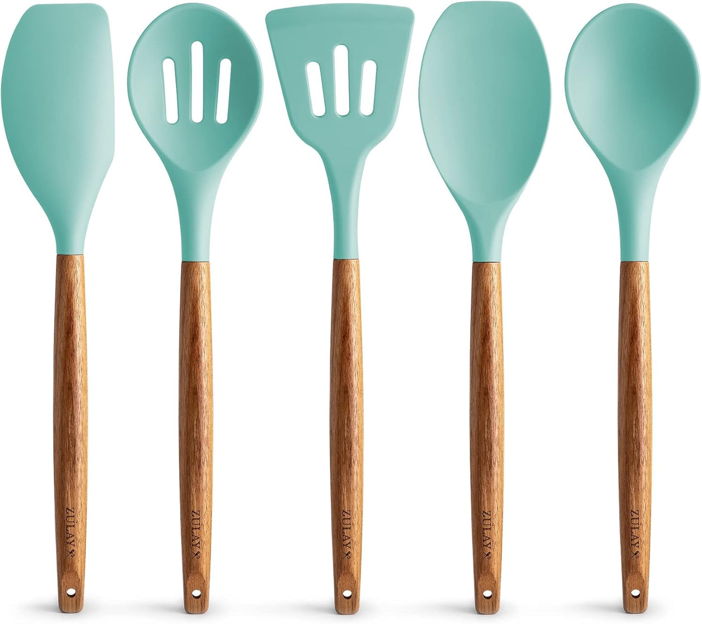 Zulay Kitchen Non-Stick Cooking Utensils Set with Authentic Acacia Wood Handles – 5-Piece Durable & Stylish Silicone Kitchen Utensils Set – Heat Resistant to 464°F – Aqua