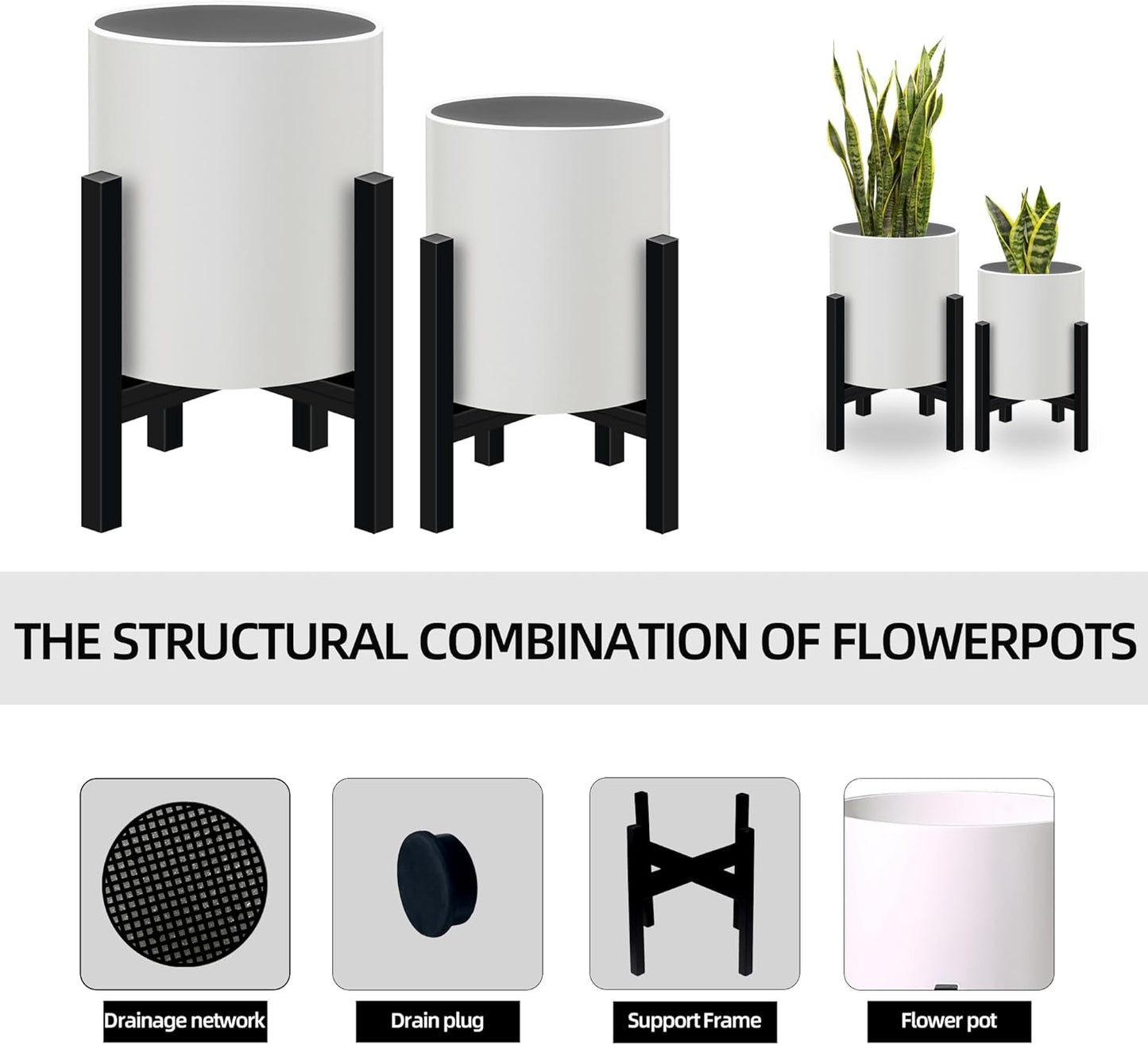Plant Pot with Stands Set of 2, Mid Century Planters for Indoor Plants Modern Decorative Flower Pots for Balcony, Office, Living Room or Garden with Drainage Plug, 12 inch & 10 inch