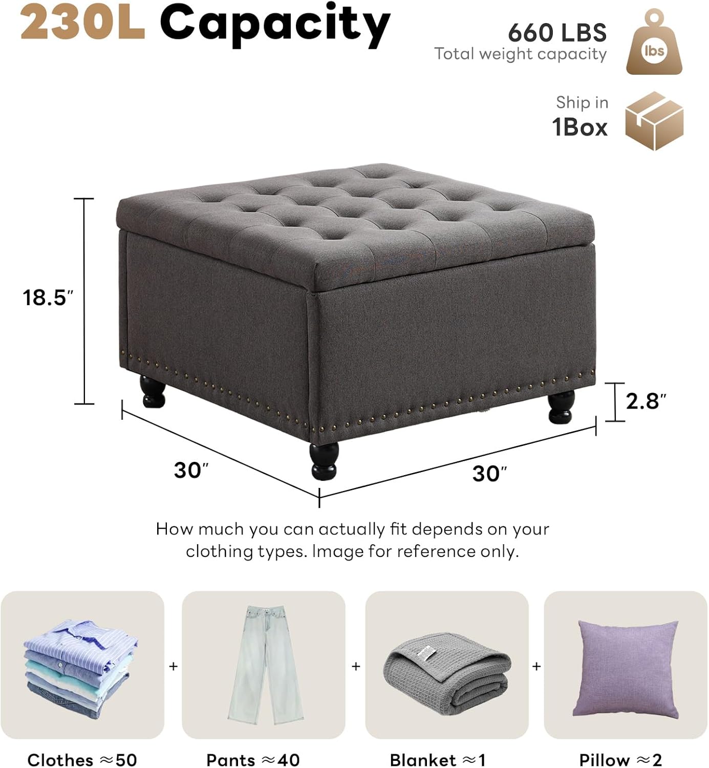 Tbfit Large Square Storage Ottoman Bench, Tufted Upholstered Coffee Table with Storage, Oversized Storage Ottomans Toy Box Footrest for Living Room, Dark Grey