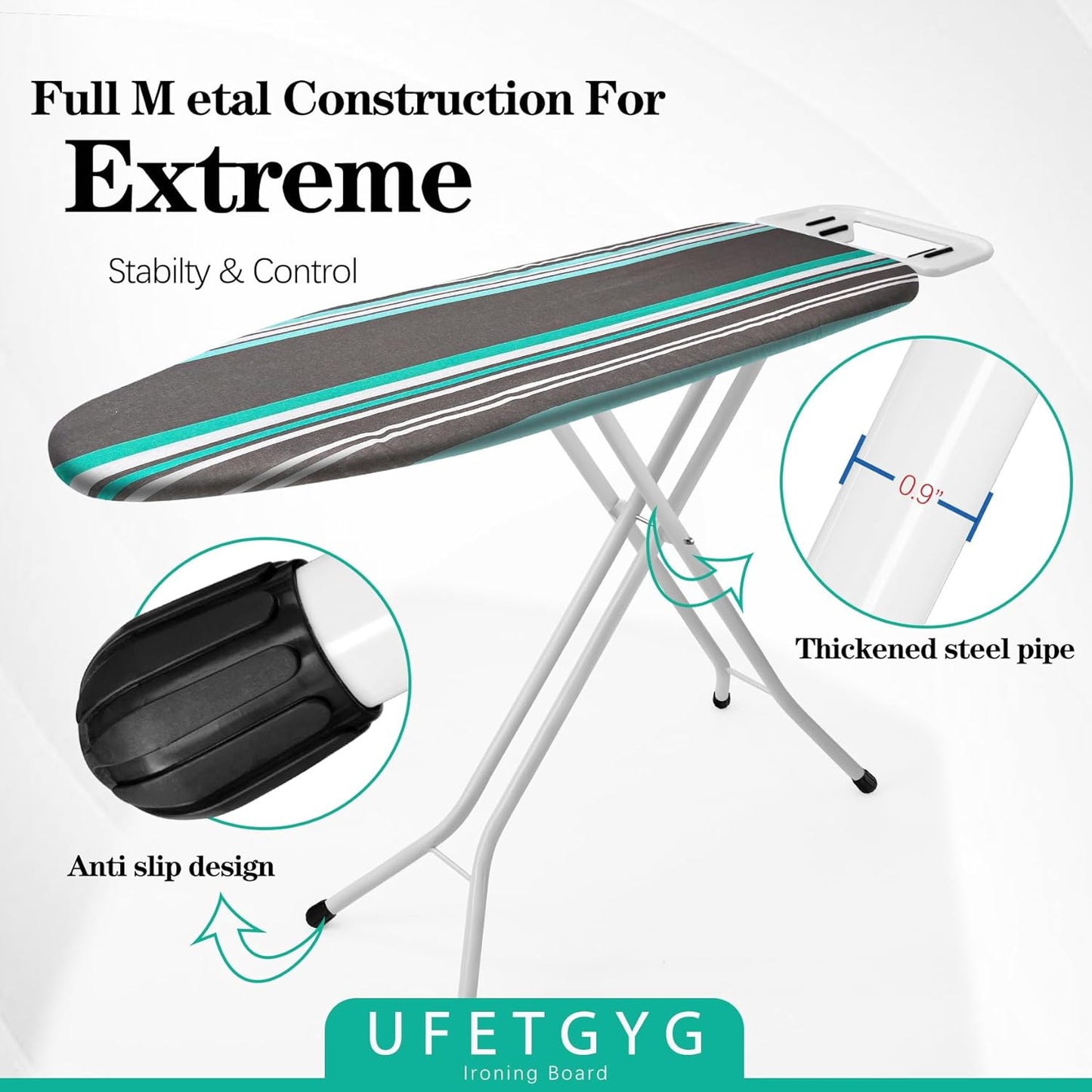 Ironing Board,Full Metal Construction| Height Adjustable, 43" X 13" W/with Iron Rest Heat & Scorch Resistant Fabric, Anti-Skid Feet, Heavy Duty| Easy to Fold