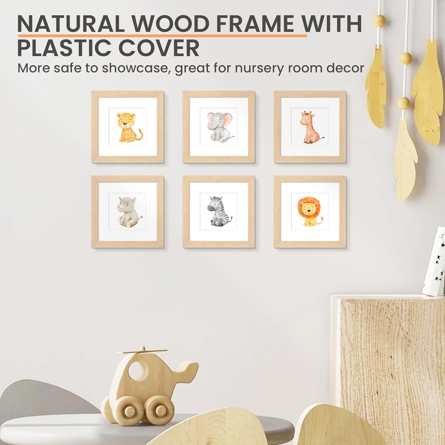 upsimples 6x6 Picture Frame, Natural Solid Wooden Picture Frames, Display 4x4 with Mat or 6 x 6 Without Mat, Wall or Tabletop, 1 Pack, Natural