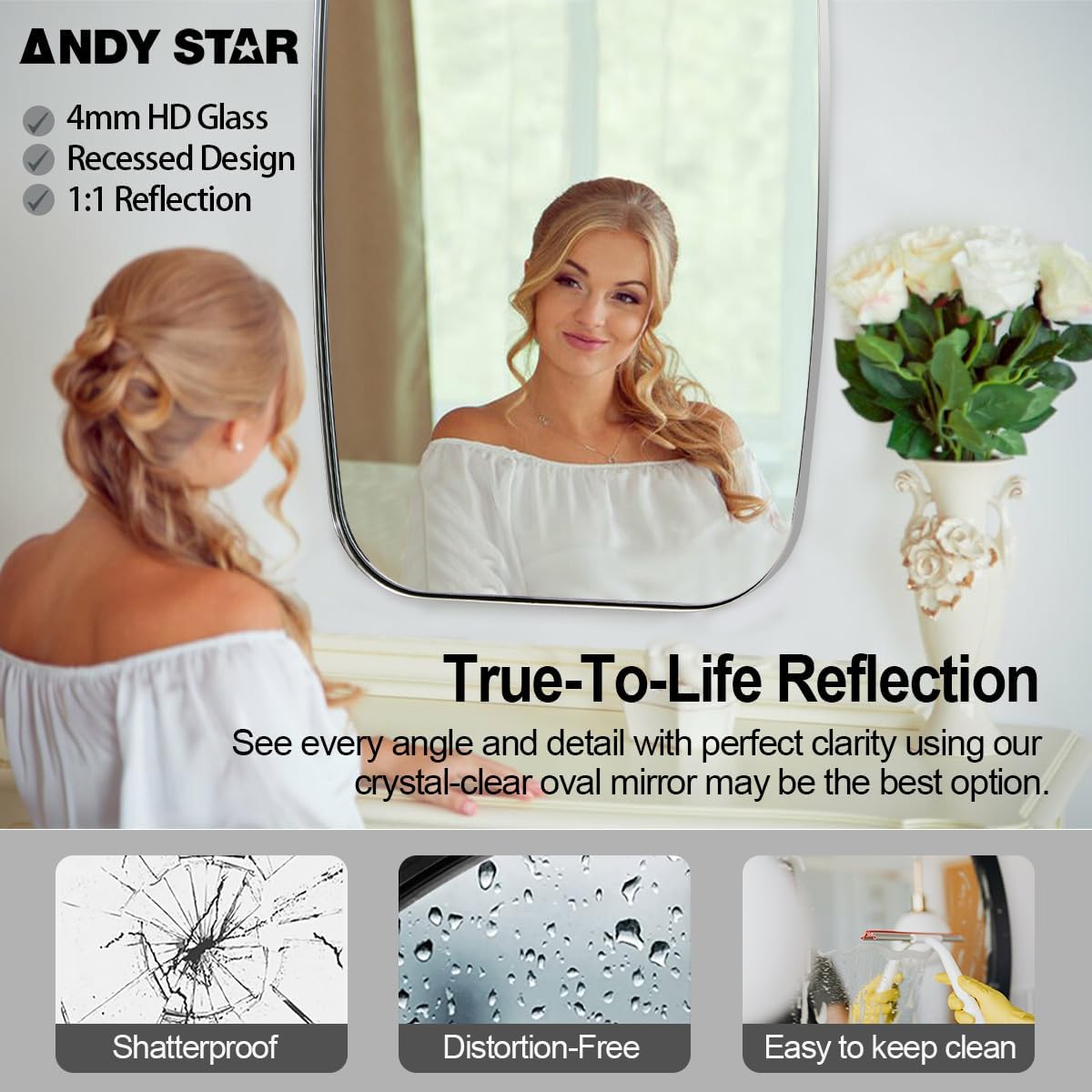 ANDY STAR Chrome Bathroom Mirror, 24x40 Inch Polished Chrome Oval Mirror for Bathroom with Stainless Steel Metal Frame, Oblong Mirror for Bathroom, Living Room, Entryway