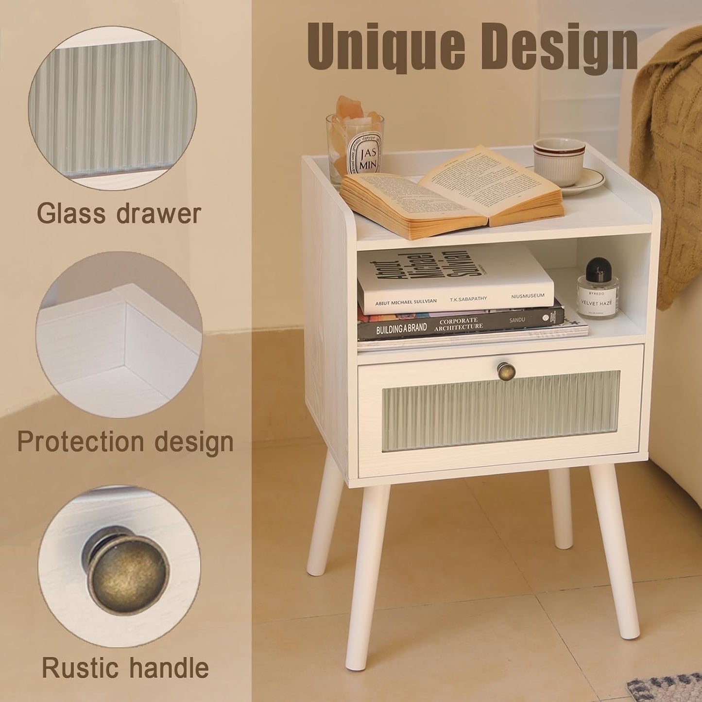 AWASEN White Nightstand with Charging Station, Modern Bedside Table with Glass Decorative Drawer, Small End Side Table with 2 Tiers Storage Space, for Bedroom, Office and Small Space(White)