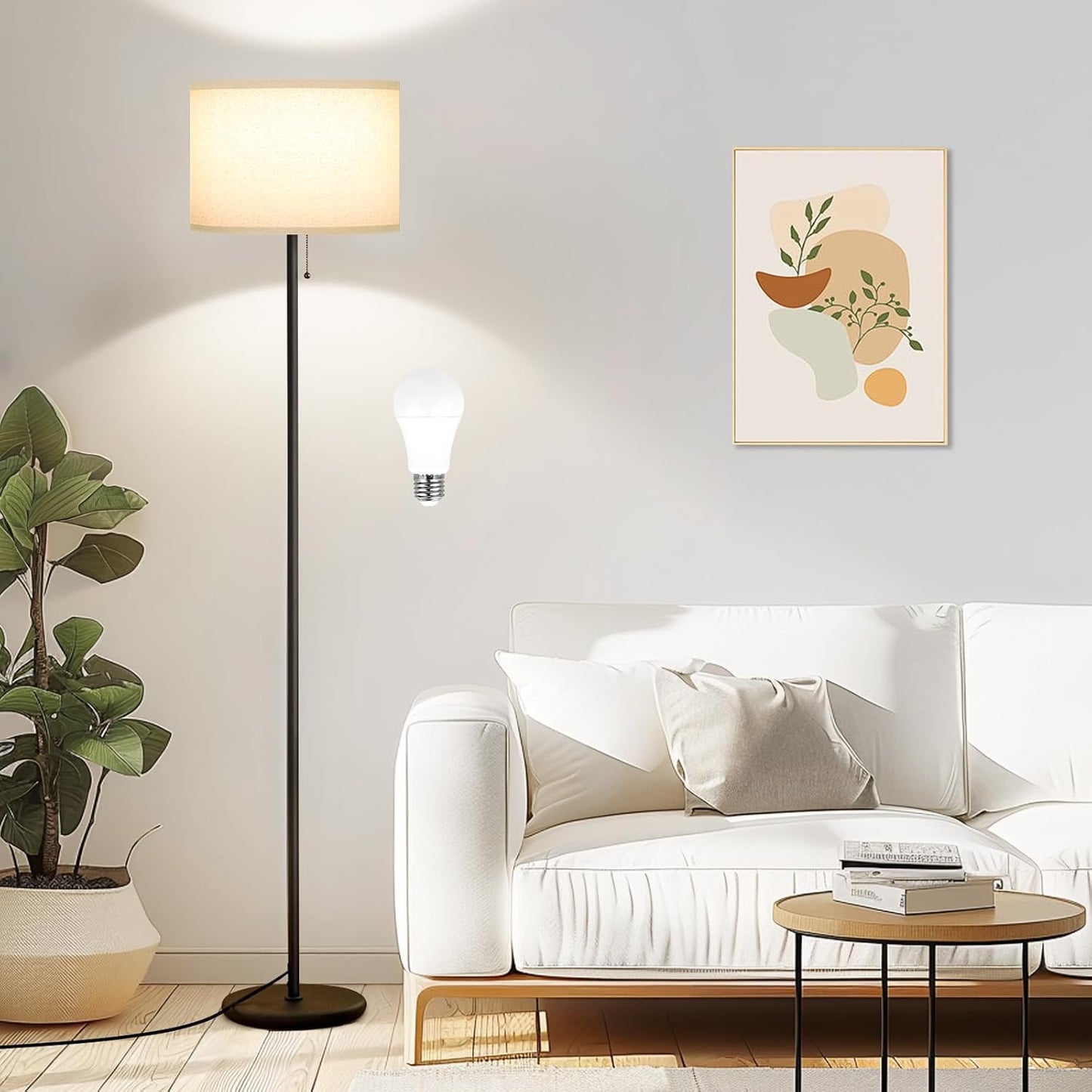 Ambimall Floor Lamps for Living Room with 3 Color Temperatures Bulb & Pull Chain Switch, 60" Modern Standing Floor Lamp for Bedroom Kids Room Study Room（Dark Beige Shade & Black Pole）