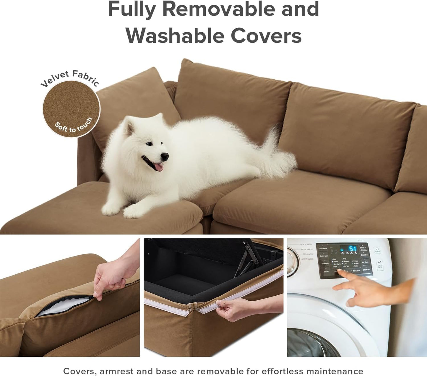 mopio Oversized Modular Sectional Sofa with Fully Removable Covers and Storage, Convertible U, L-Shaped and Sleeper Sectional, Modern Couches with Ottoman Chaise (Hazelnut Velvet, 3 Seater)