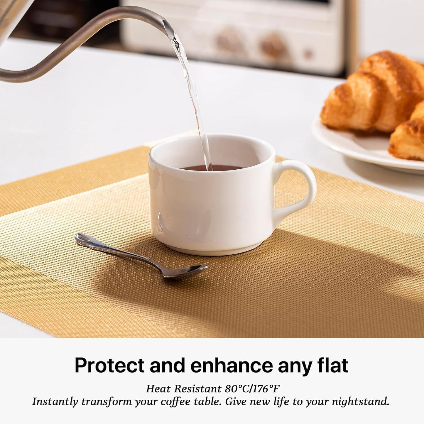 LEXMORE PlaceMats Set of 12 Vinyl/Plastic Woven Place Mats for Kitchen Table Indoor/Outdoor Washable PlaceMat Wipeable Dining Table Mats(Gold Cube)