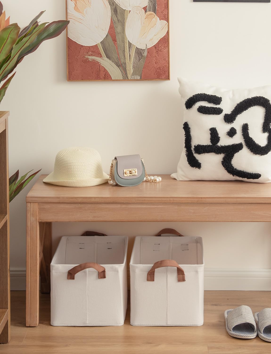 StorageWorks Storage Bins, Fabric Storage Bins for Shelves, Storage Baskets with Metal Frame, Closet Baskets and Bins with Handles, Natural Color, 2-Pack