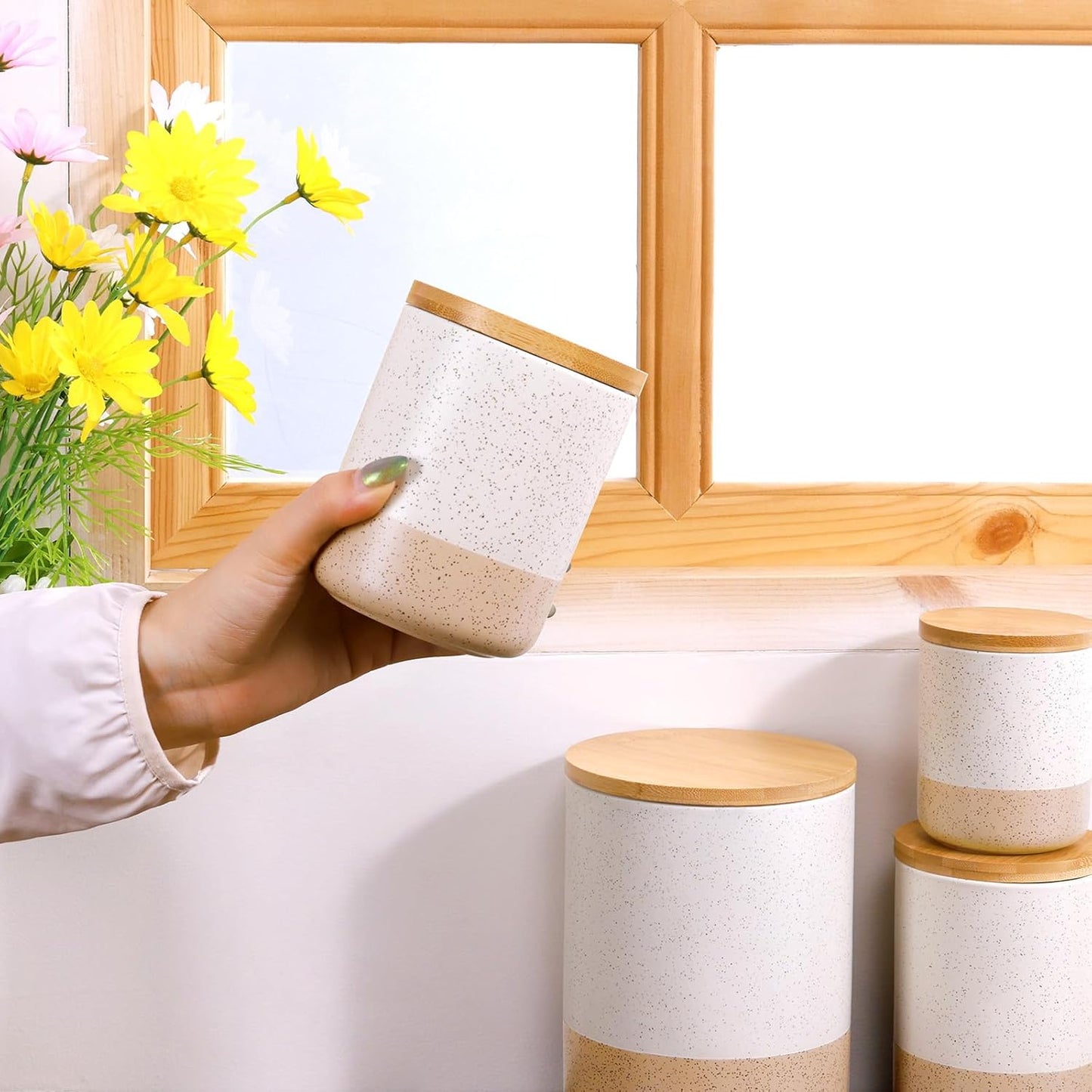 Yangbaga Canister Sets for Kitchen Counter, 20 OZ Large Ceramic Food Storage Jars with Airtight Wood Lids, Large Kitchen Canisters for Coffee, Sugar, Tea, Flour, Spice