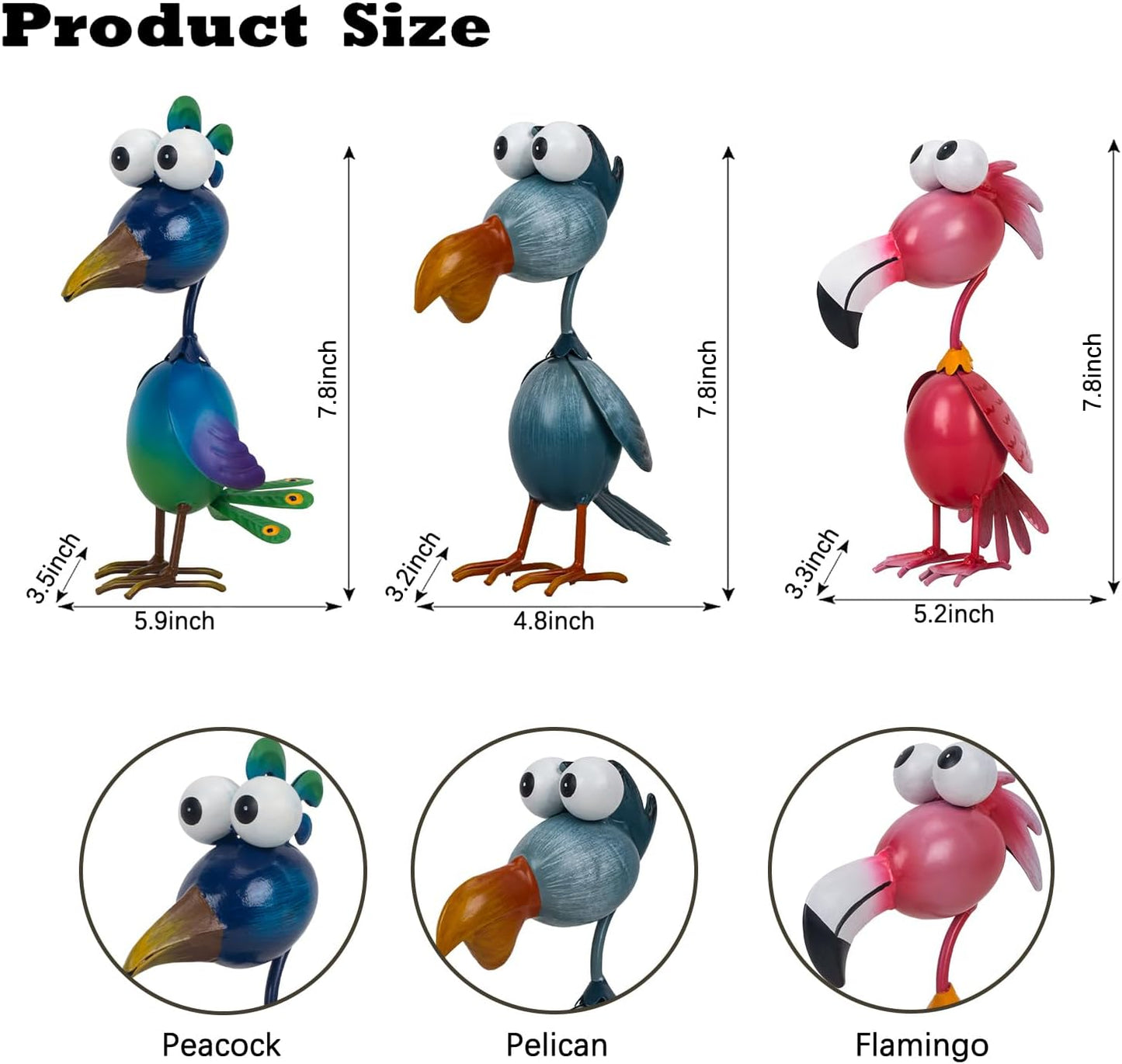 Kircust Outdoor Metal Bird Yard, Garden Decor for Outside Flamingo/Peacock/Pelican Decorations Art Statues, Lawn Ornaments for Courtyard, Patio, Backyard, Porch, Set of 3