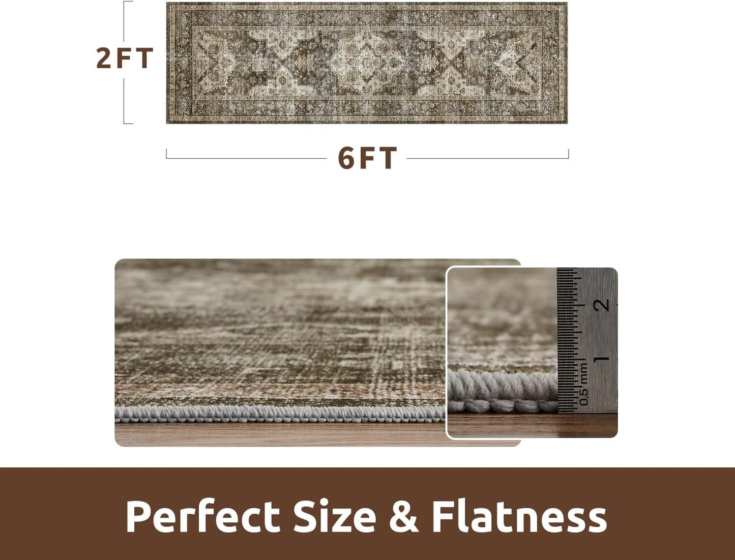 AMOAMI-2X6 Runner Rug-Washable Runners for Hallways-Soft Non Slip Bedside Rugs for Bedroom-Vintage Long Rug for Hallways Entryway Laundry Room Stair Kitchen Bathroom Light Brown/Coffee
