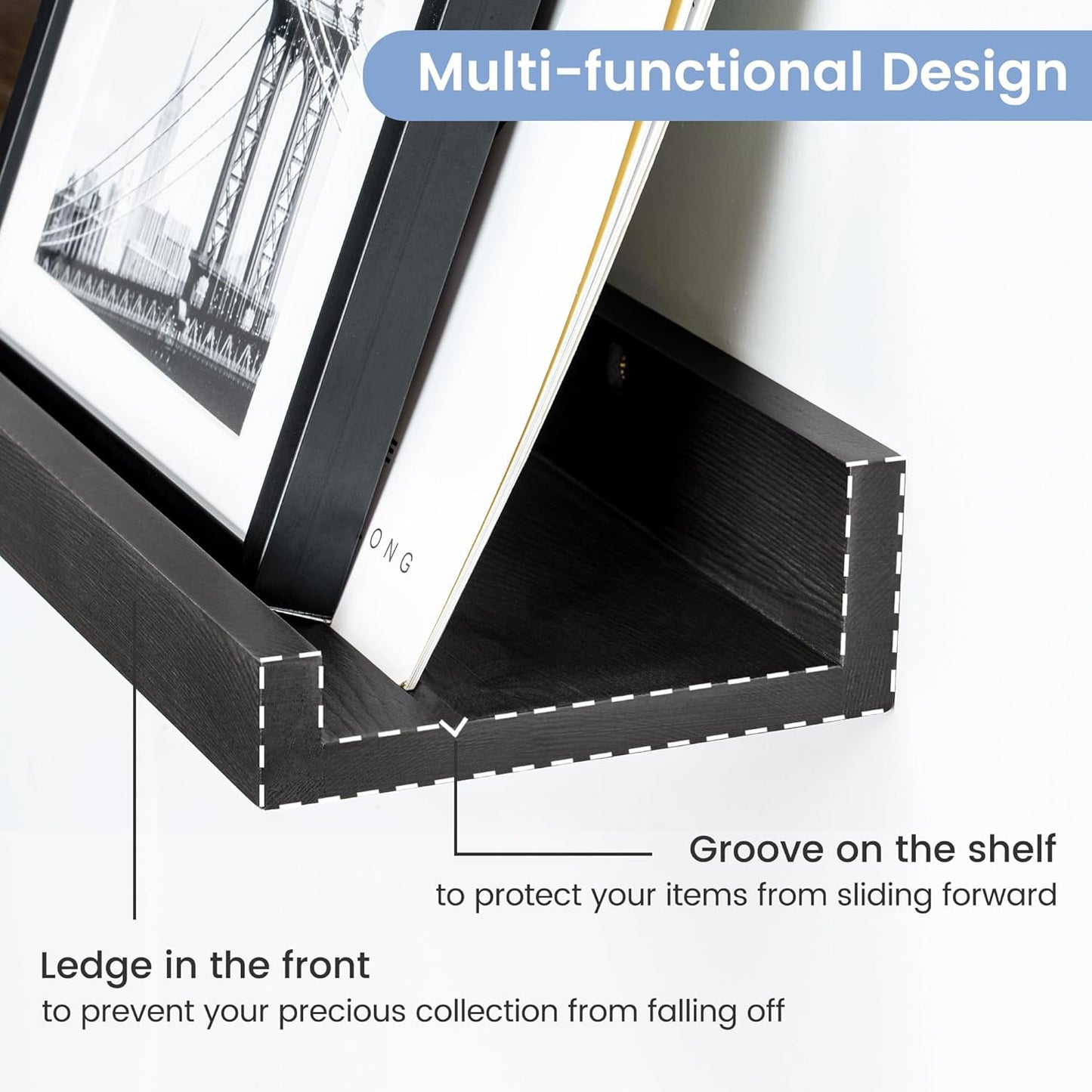 Picture Ledge Wall Shelves - 16 Inch Width Set of 3, Solid Pine Wood Rustic Floating Ledge Shelves for Kids' Room, Bedroom, Kitchen, Bathroom, Living Room, Nursery Display Decor, Black