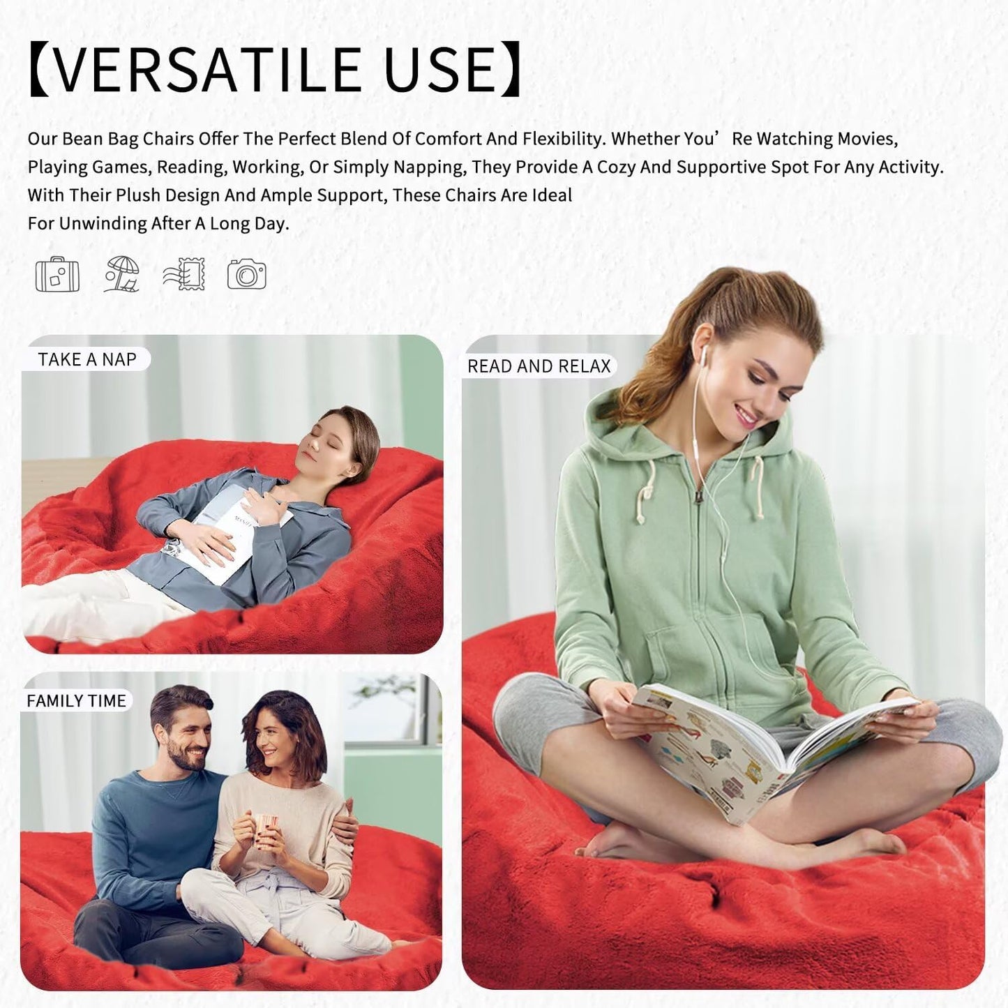 Bean Bag Chair for Adults 4FT,Soft Removable Cover for Teens/Girls Bedroom,Fluffy Giant Round Floor Beanbag Lounger Chairs (No Filler,Big Red)