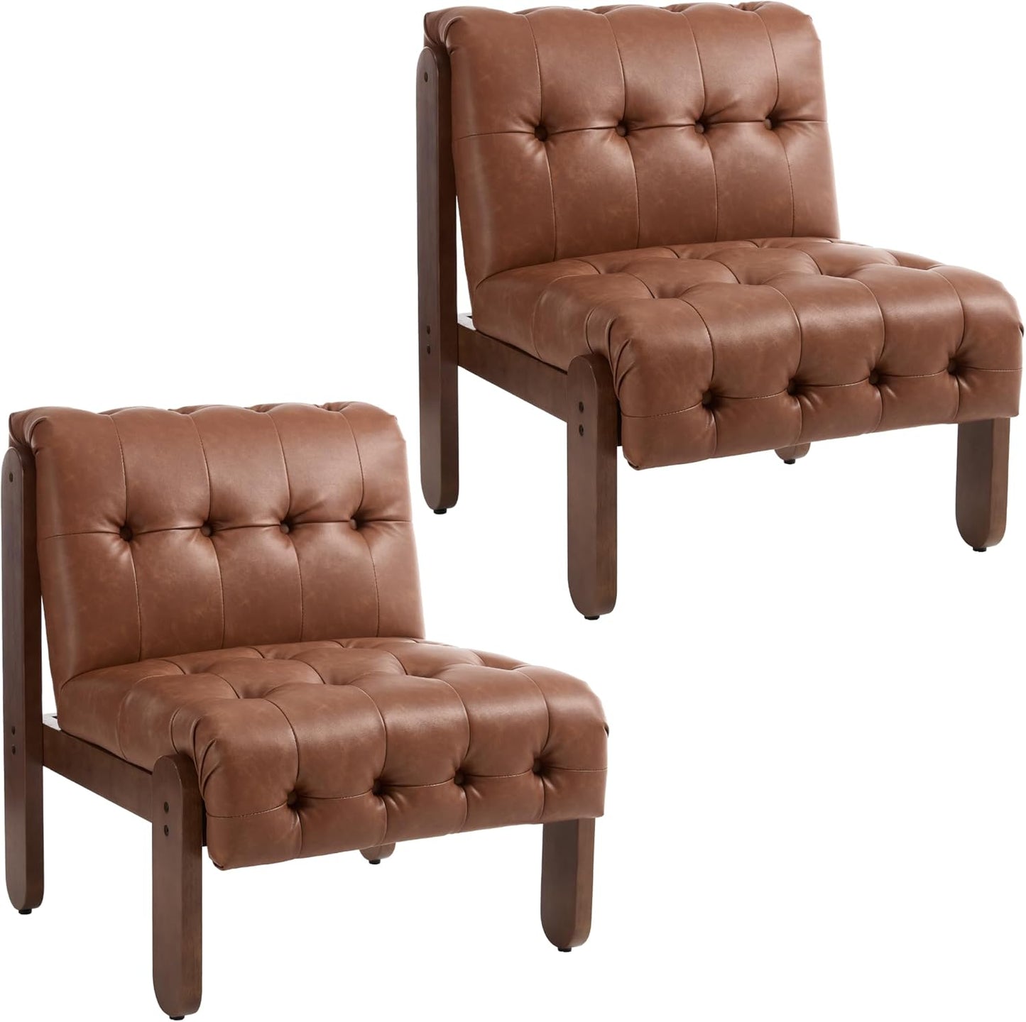 Modern Armless Accent Chair Set of 2 for Living Room, Brown PU Leather Button Tufted Upholstered Lounge Reading Chair with Walnut Wood Frame
