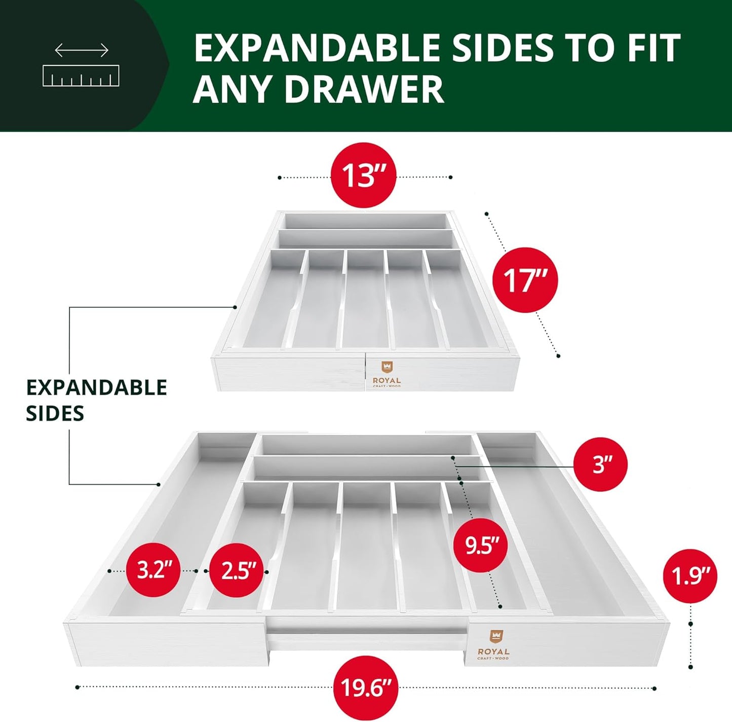 ROYAL CRAFT WOOD Luxury Bamboo Kitchen Drawer Organizer - Silverware Organizer - Utensil Holder and Cutlery Tray with Grooved Drawer Dividers for Flatware and Kitchen Utensils (9 Slot, White)