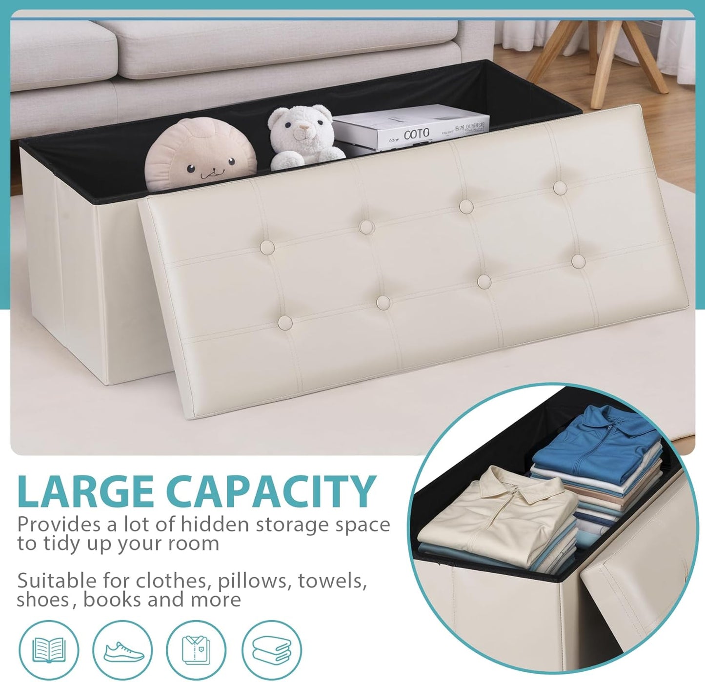 SUPER DEAL Folding Ottoman Bench with Storage, 43 Inch Padded Seat Footrest Shoes Bench for Bedroom Living Room Entryway, 660 lbs Capacity 43"x 15"x 15", Faux Leather, Beige