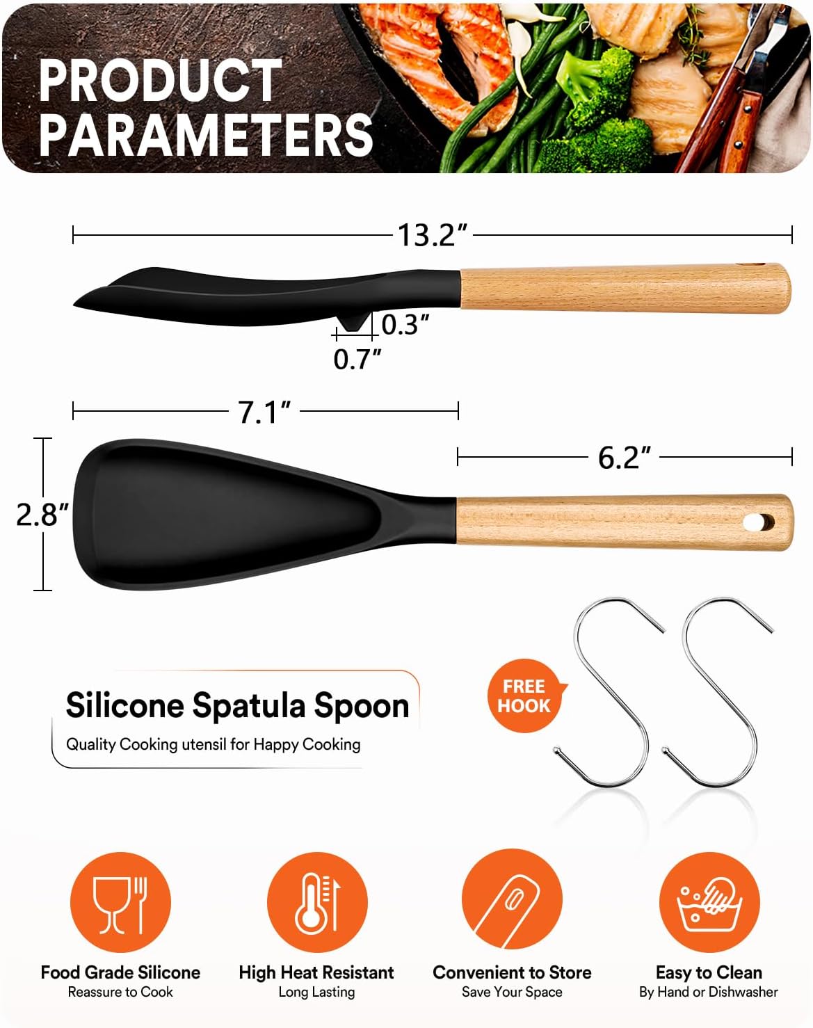 Cooking Spoon for Nonstick Cookwares, Great for Cooking and Serving Sturdy BPA-Free Matte Silicone, Wood Handle Spoon for Mixing, Scoop, and Scrape (Black & Grey, 13.4 inch)