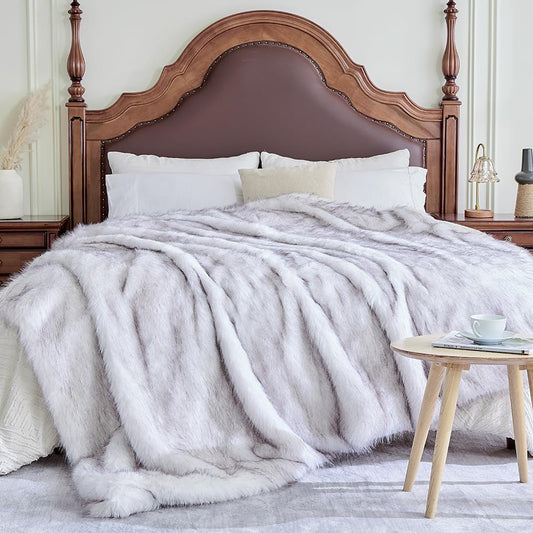 Fluffy Faux Fur Throw Blanket – Super Soft Warm Thick Plush Blanket for Bed, Couch & Office, Cozy Fuzzy Throw with Flannel Backing,108"x90", White