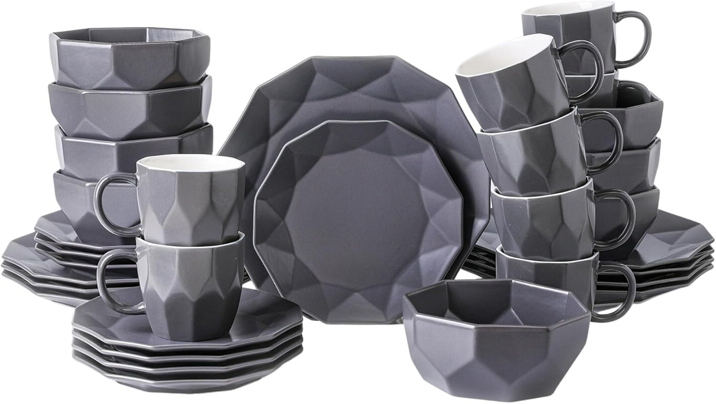 Stone + Lain Jamie Porcelain 32-Piece Geometric Dinnerware Set, Grey