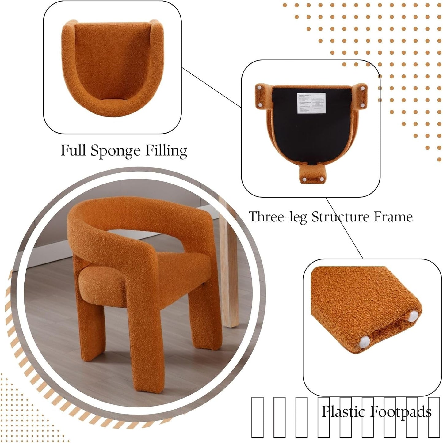 Orange Sherpa Dining Chairs Set of 4, Modern Barrel Dining Room Chairs Upholstered Faux Fur Accent Chair with Arms and Round Back for Living Room Kitchen Armchair No Assembly Needed