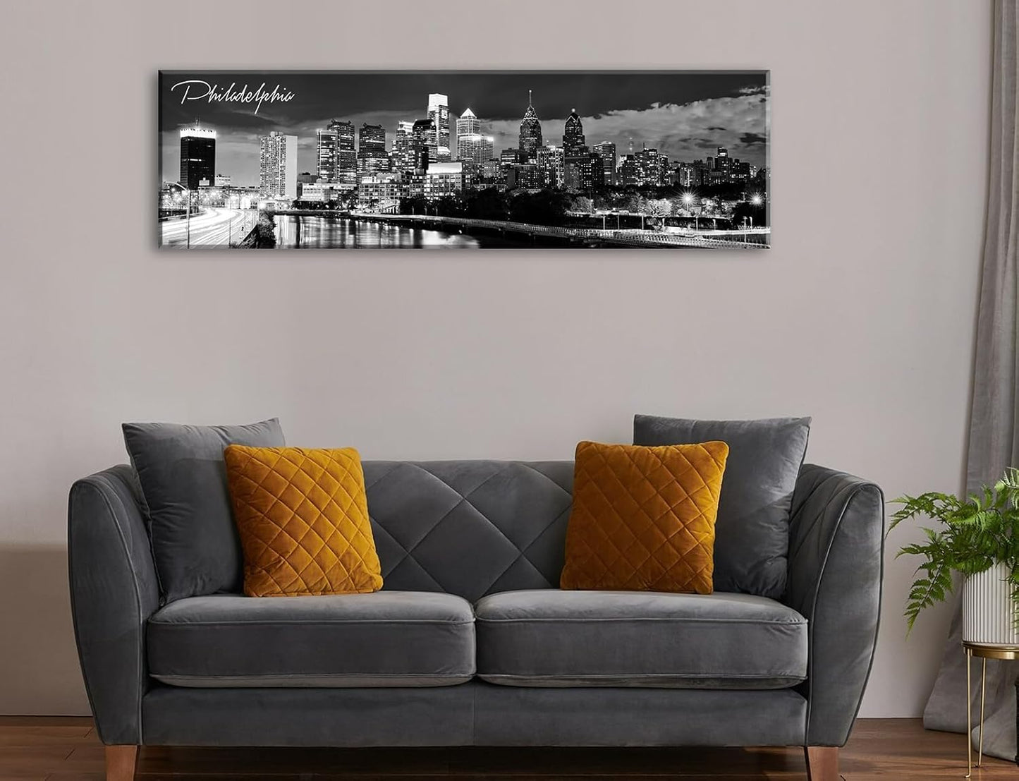 DJSYLIFE Philadelphia Skyline Canvas Art - 13.8"x47.3" Black & White Cityscape Wall Decor, Modern Panoramic Night View Print for Living Room, Office, Bedroom - Ready to Hang