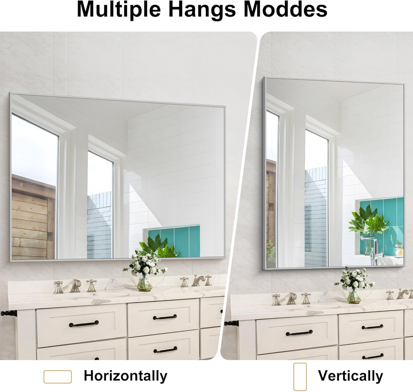 Silver Bathroom Mirror, 48"X36" Rectangle Mirrors for Wall Metal Frame, Bathroom Rectangular Mirror Modern Wall Mirror for Bedroom Living Room, Hangs Horizontal or Vertical