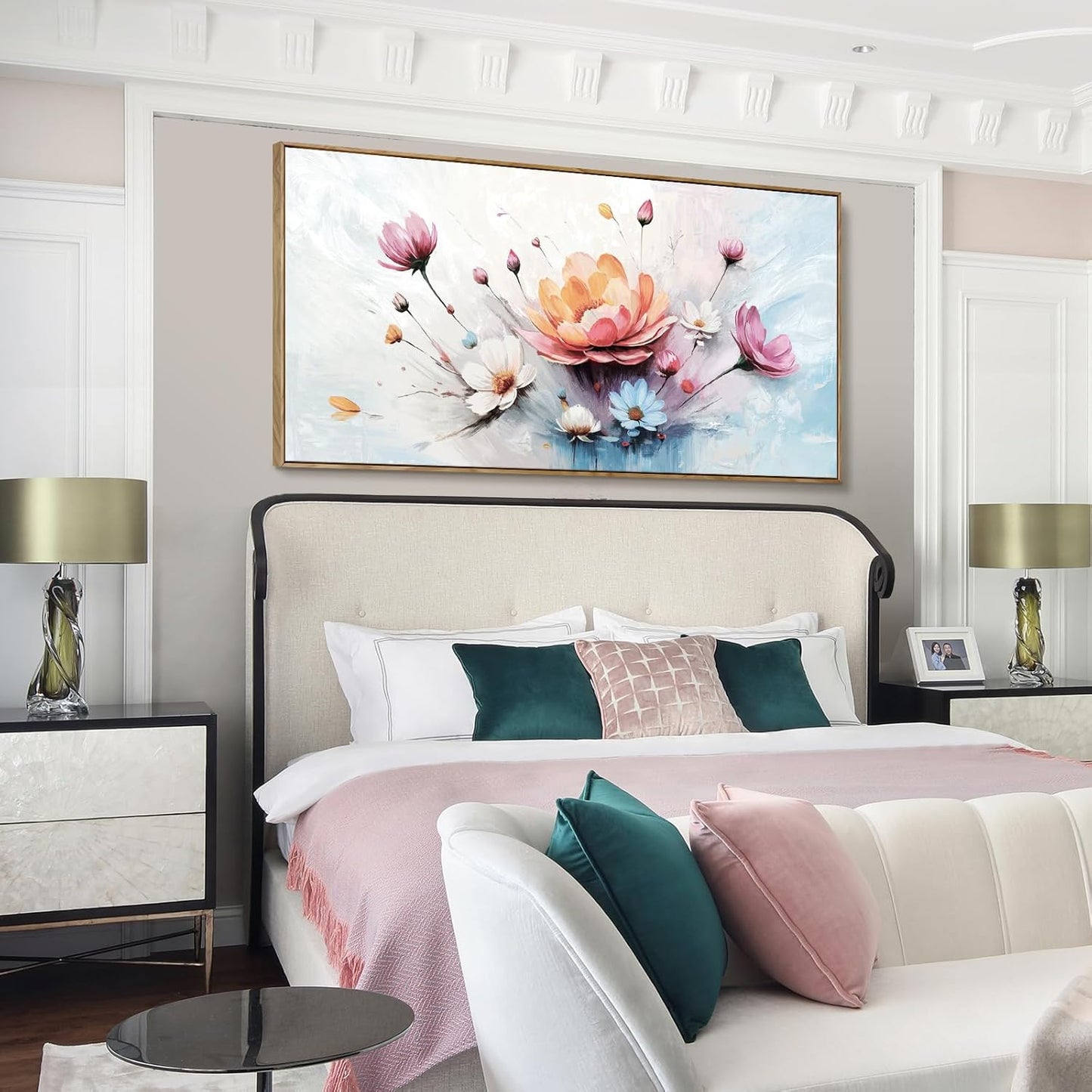 amatop Framed Floral Canvas Wall Art – Oversized Pink Blue Abstract Bloom Flower Print Daisy & Peony Picture Elegant Botanical Nature Large Artwork for Living Room Bedroom Dining Entryway Decor 58x29 inch