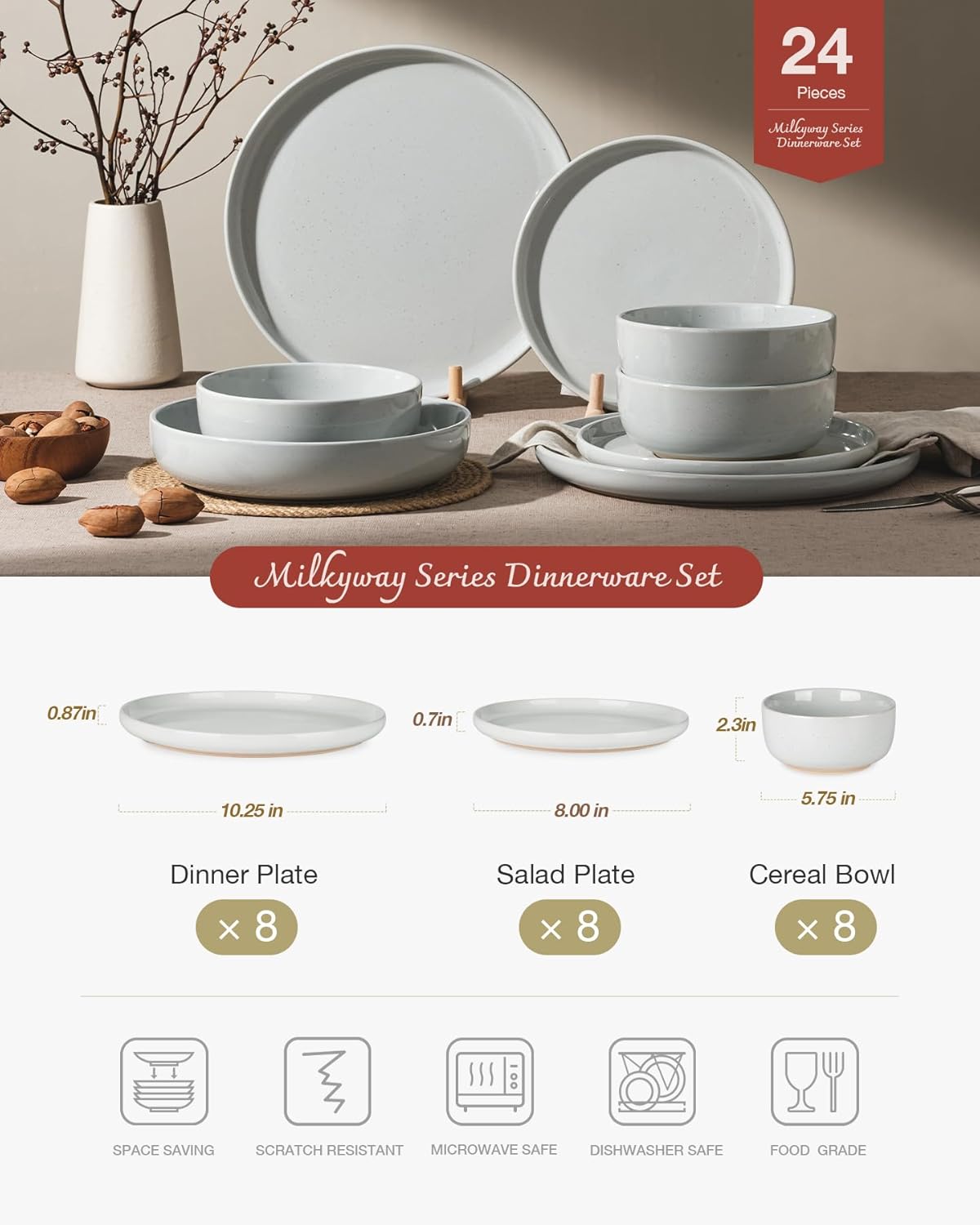 Famiware Milkyway Dinnerware Sets, 24 Piece Dish Set, Plates and Bowls Sets for 8, Light Gray