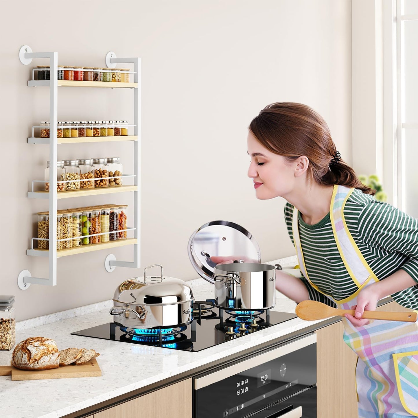 IBUYKE Spice Rack Wall Mount,4 Tier Hanging Seasoning Organizer,Spice Rack for Wall for up to 50 Jars,Spice Organization for Kitchen Cabinet,Living Room,Bathroom,Pantry,Natural TLJ016R