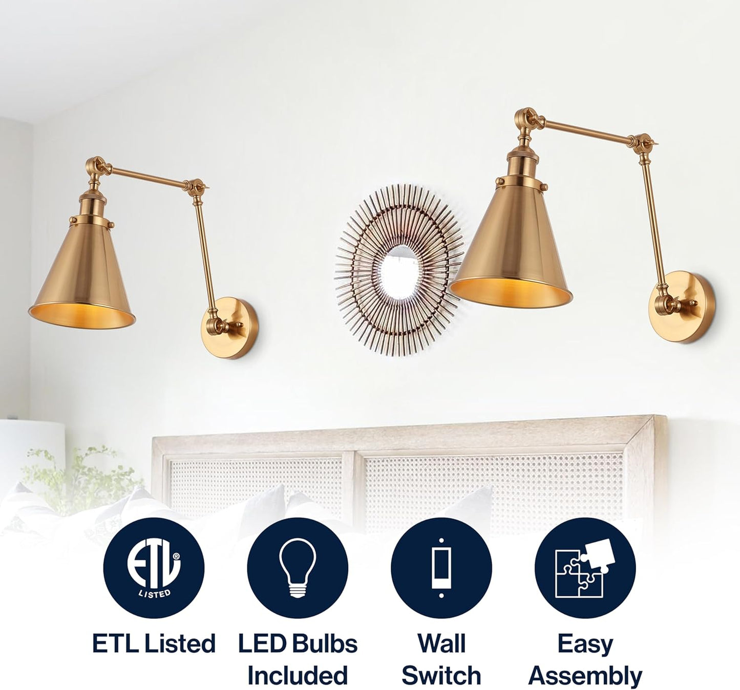 JONATHAN Y JYL7461A-SET2 Rover 7" Farmhouse Industrial Adjustable Arm Metal LED Wall Sconce Rustic Bohemian 2700K 4W Bulb for Entryway Lobby Kitchen Bathroom Bedroom Hallway, Brass Gold (Set of 2)