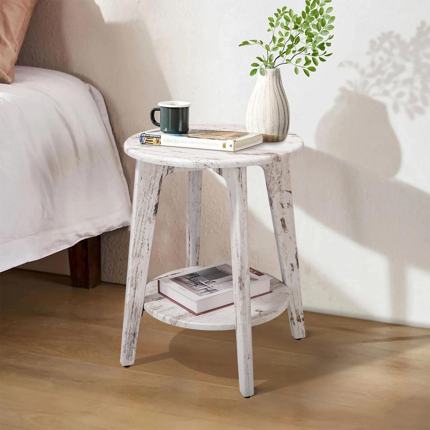 Farmhouse Round Side Table Rustic White Wooden End Table with Lower Shelf Vintage Nightstand Beside Table for Living Room Bedroom Small Spaces