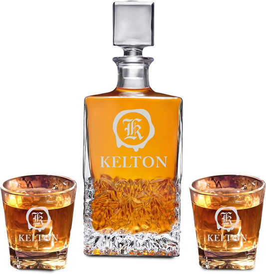 Personalized Rectangle Whiskey Decanter Set for Men 700ml Luxury Gift for Dad, Him, Boyfriend - Liquor Decanters with 2 or 4 Glasses for Birthday, Retirement, Weddings - 24 Engraved Design Options