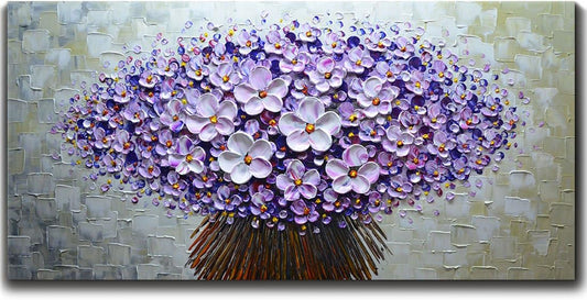 V-inspire Art, 24x48 Inch Modern Canvas Art Textured Purple Flower Oil Painting Contemporary Artwork Floral Hangings Stretched and Framed Ready to Hang Wall Decoration Abstract Painting