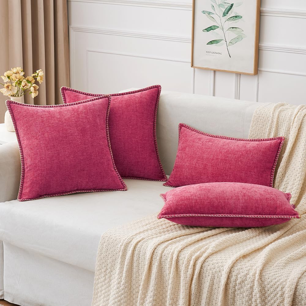 MIULEE Pack of 2 Couch Throw Pillow Covers 18x18 Inch Hot Pink Farmhouse Decorative Pillow Covers with Stitched Edge Soft Chenille Solid Dyed Spring Pillow Covers for Sofa Bed Living Room