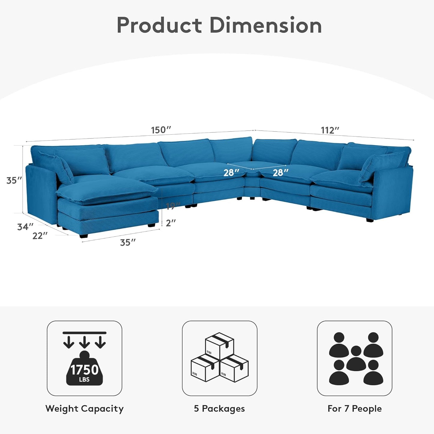ROWHY 150'' Cloud Modular Sectional Sofa, 7 Seater Sectional Sofa Corduroy Oversized L Shaped Couch with 4 Pillows, Movable Ottoman, Deep Seat Sectional Couches for Living Room Office Bedroom, Blue