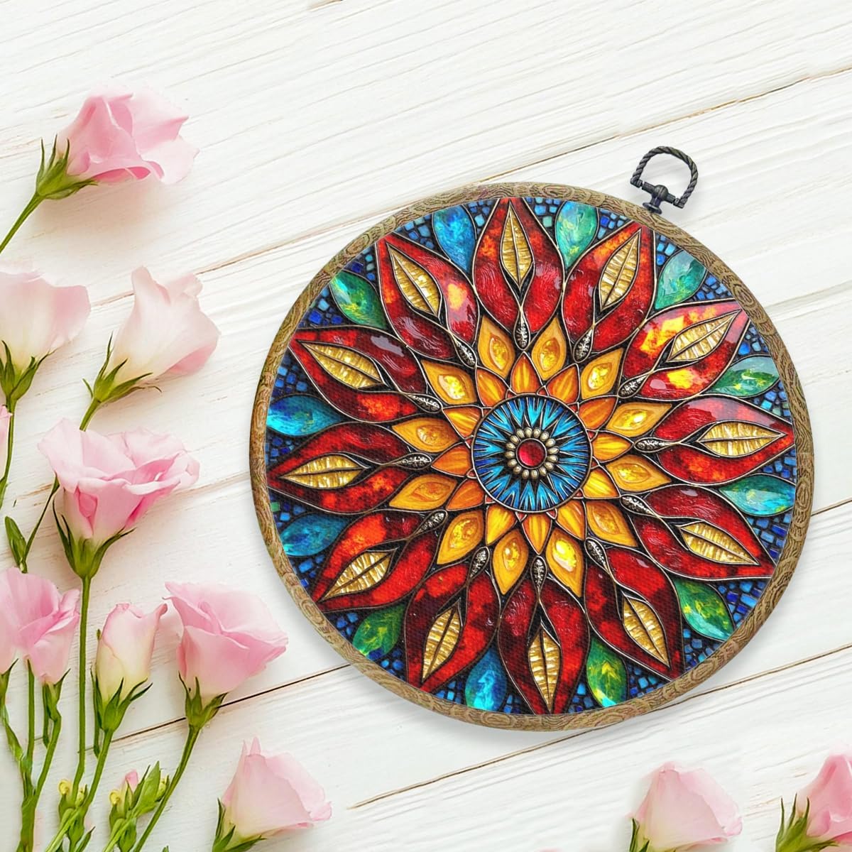Colorful Geometric Mandala Framed Round Wall Decor Canvas Wall Art Hanging Prints Artwork for Home Office Kitchen Nursery Bedroom Living Room Porch Garden Birthday Decorations 10.2X10.2 Inch