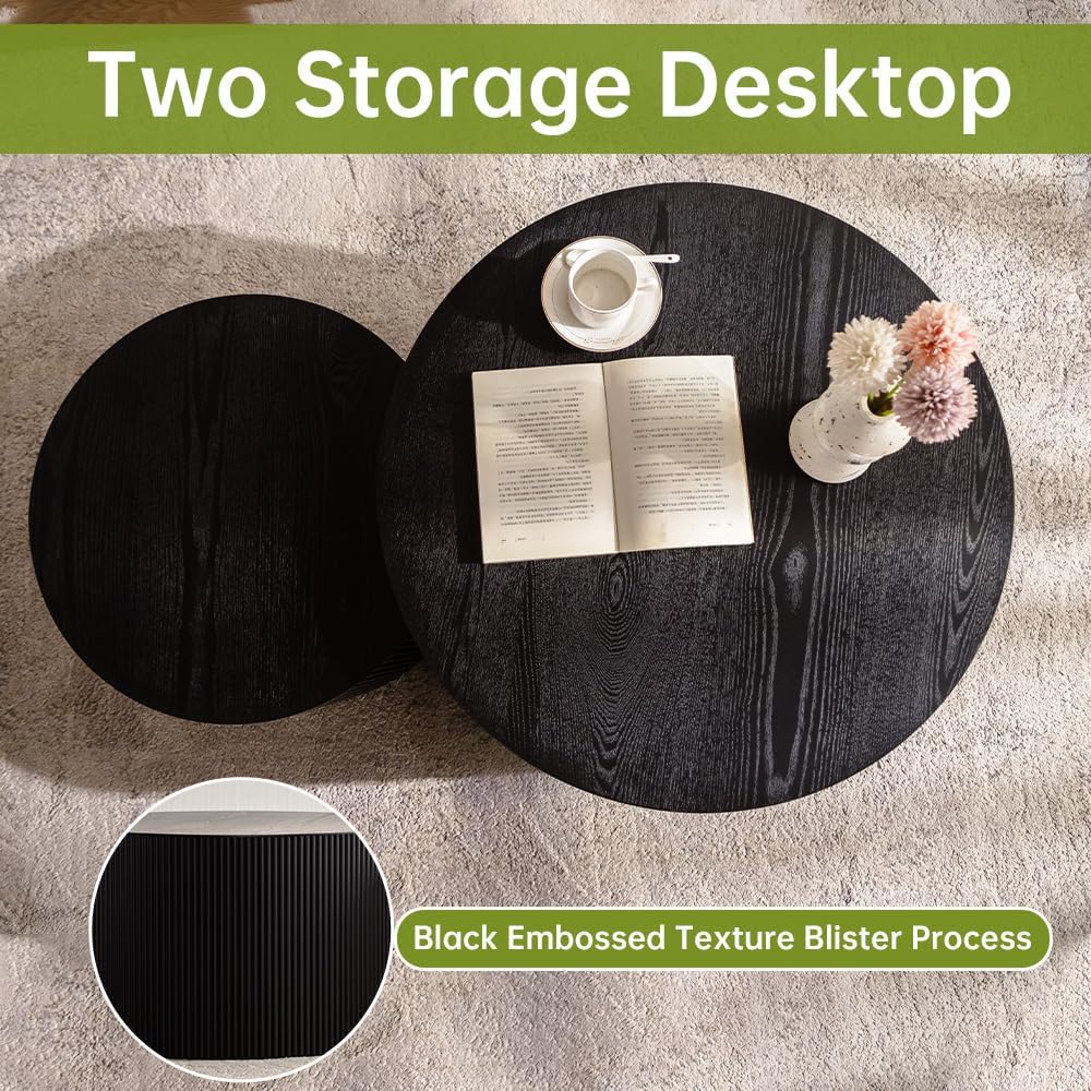 Round Nesting Coffee Table Modern Black Fluted Coffee Table Set of 2 Stripe Round Coffee Tables Drum Crescent Side Table Accent End Table for Living Room (Black B Large)