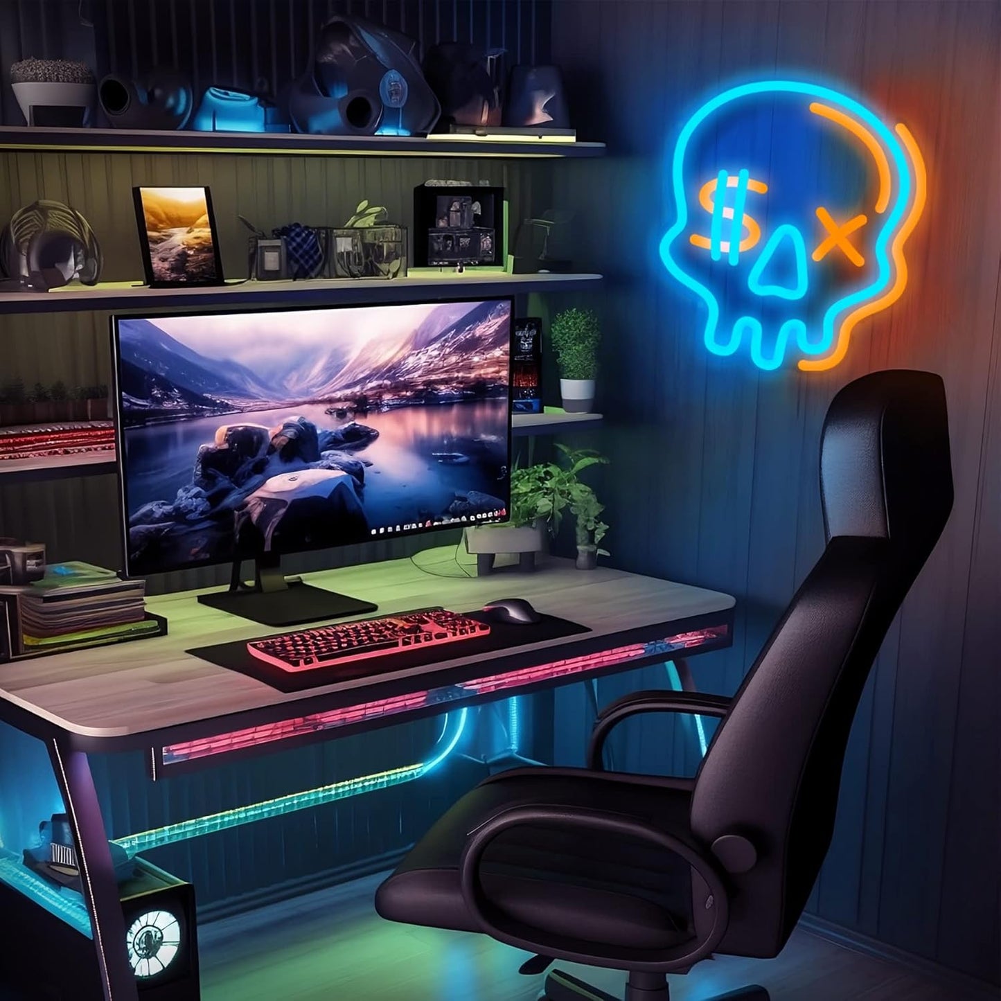 Eufrozy Halloween Neon Sign for Boys Room, Cool Skull Led Signs Kids Bedroom Decor, 6 Dimmable USB Powered Led Lights for Teenage Gamer Wall Decor Man Cave Gifts Blue Skeleton Decorations