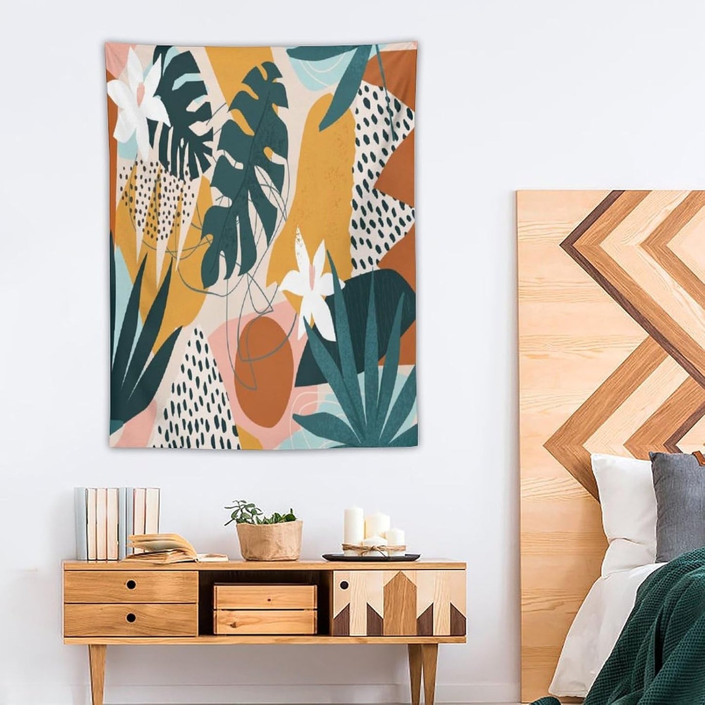 Abstract Bohemian Mid Century Tapestry, Tropical Leaves Modern Geometric Archway Minimalist Bohemian Botanical Aesthetic Wall Hanging, Sage Green Gold Home Decor Art for Bedroom 60x80 Inch