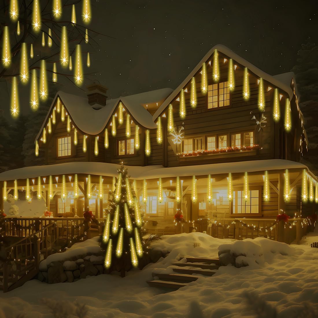 Christmas Lights Outdoor, UL Certified Falling Rain Drop Light 8 Tubes 192 LED Meteor Shower Lights Snow Dripping Icicle Light for Xmas Tree Christmas Decorations Holiday Party, Warm White