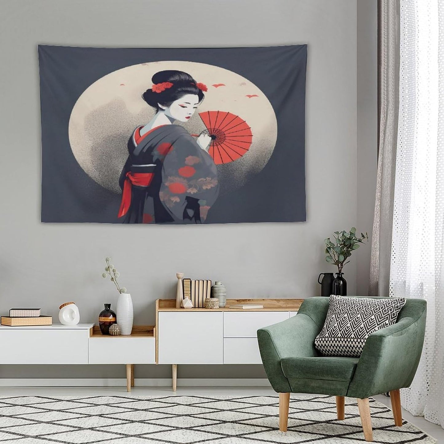 Japanese Woman Geisha Tapestry Asian Red Cherry Blossom Red Sun Traditional Kimono Folk Tapestries Home Decor for Living Room Bedroom Apartment Farmhouse Dorm 90"x60"
